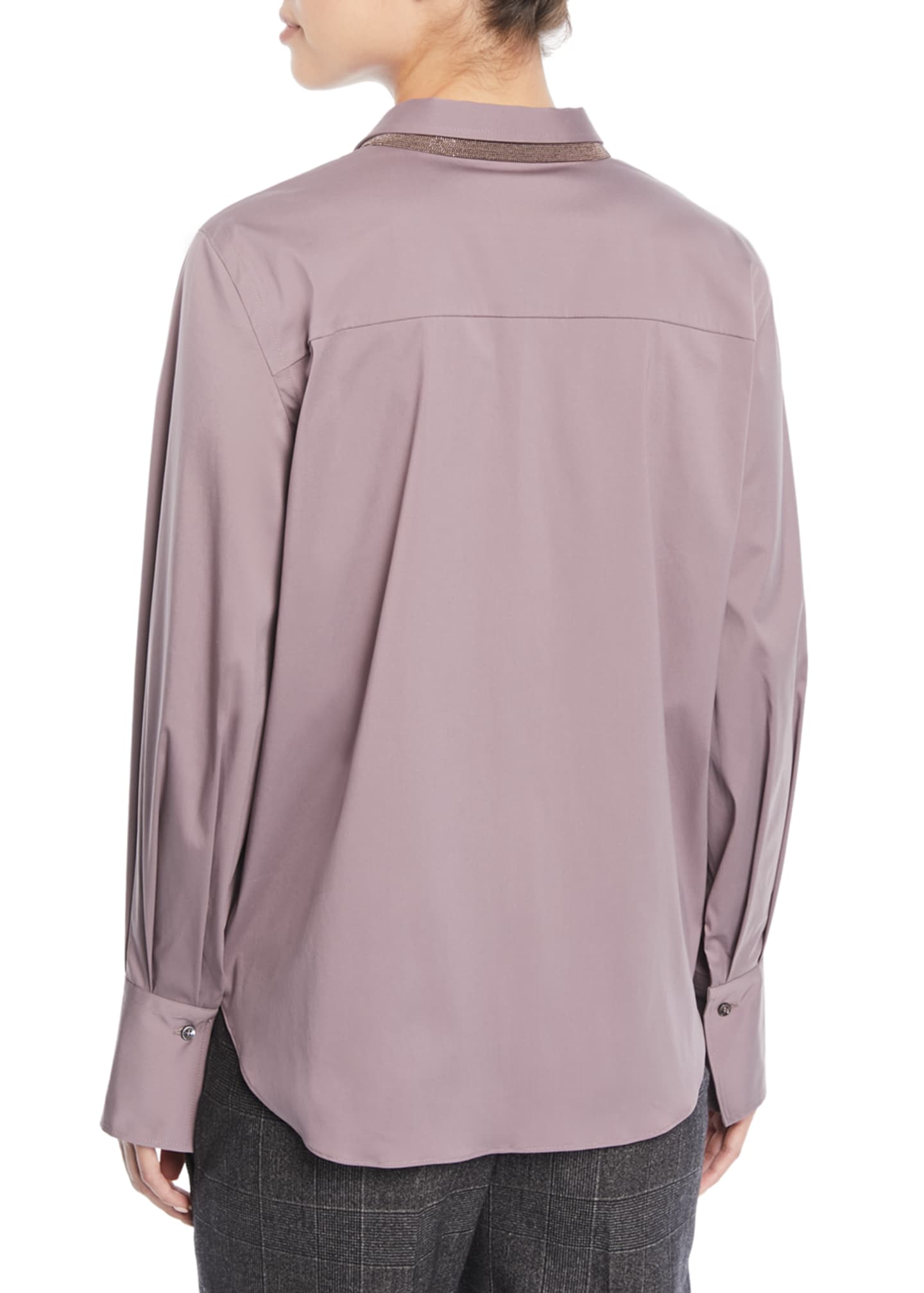 Brunello Cucinelli Long-Sleeve Button-Front Cotton Shirt w/ Monili Trim ...