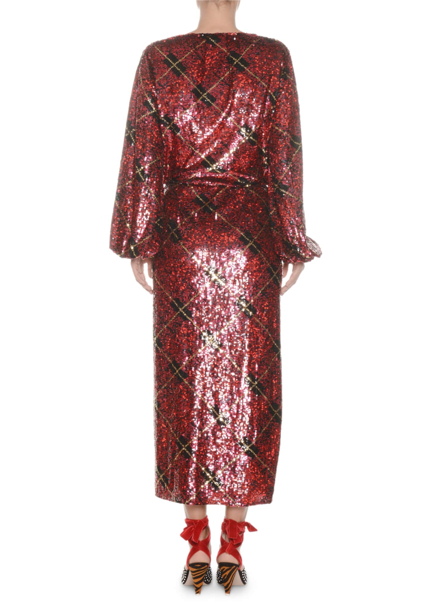 Attico Blouson Sleeve Plaid Sequin Wrap Robe Evening Dress