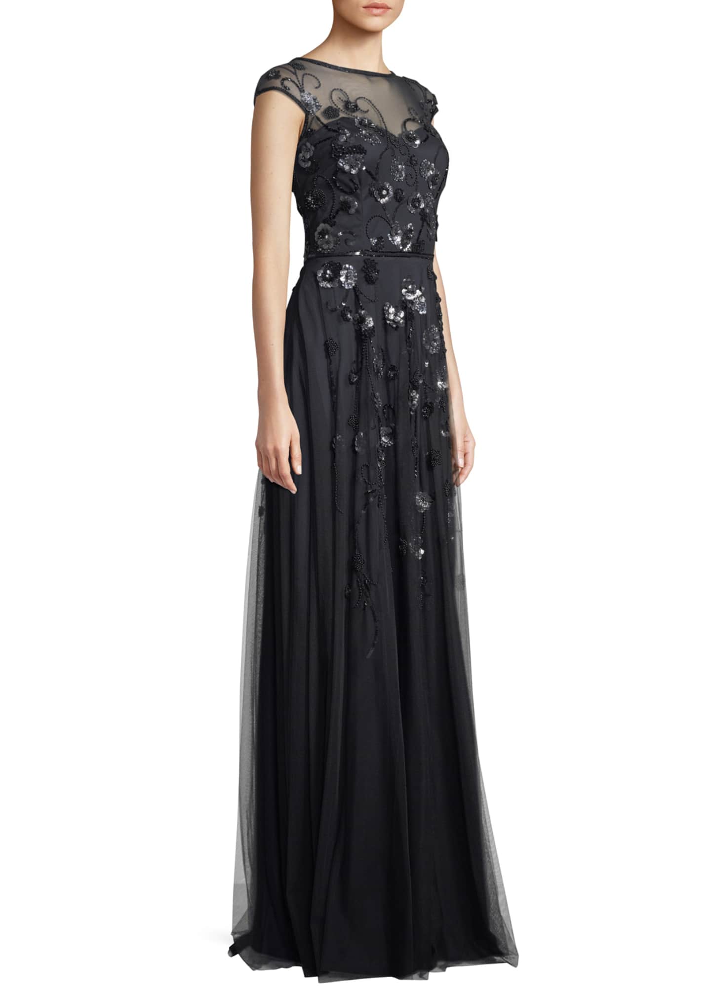 Theia Floral Vine Beaded Tulle Cap-Sleeve Gown - Bergdorf Goodman