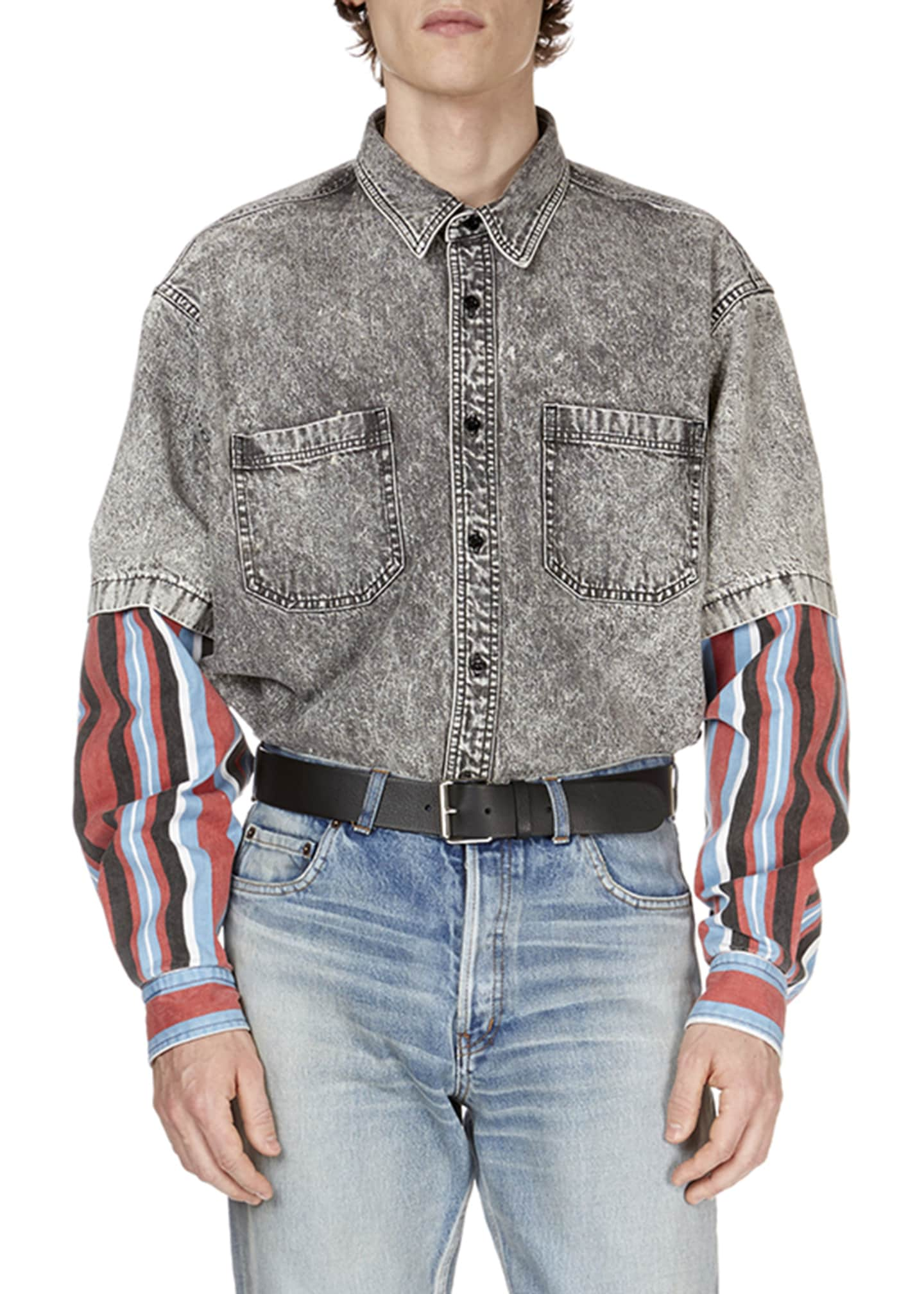 Balenciaga Men's Gray-Washed Denim Shirt with Striped Trim