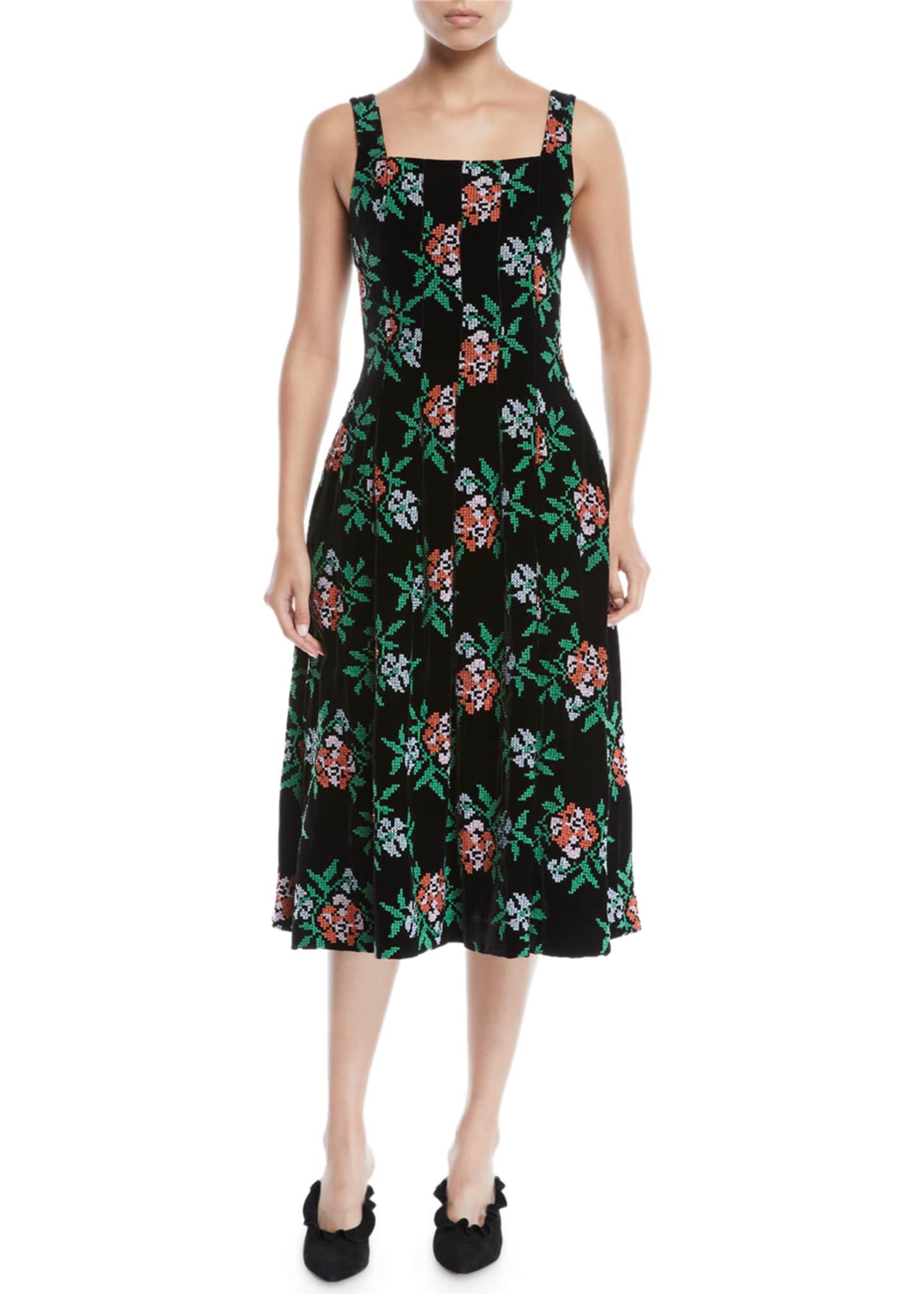 Novis Mumford Square-Neck Sleeveless Fit-and-Flare Floral-Embroidered ...