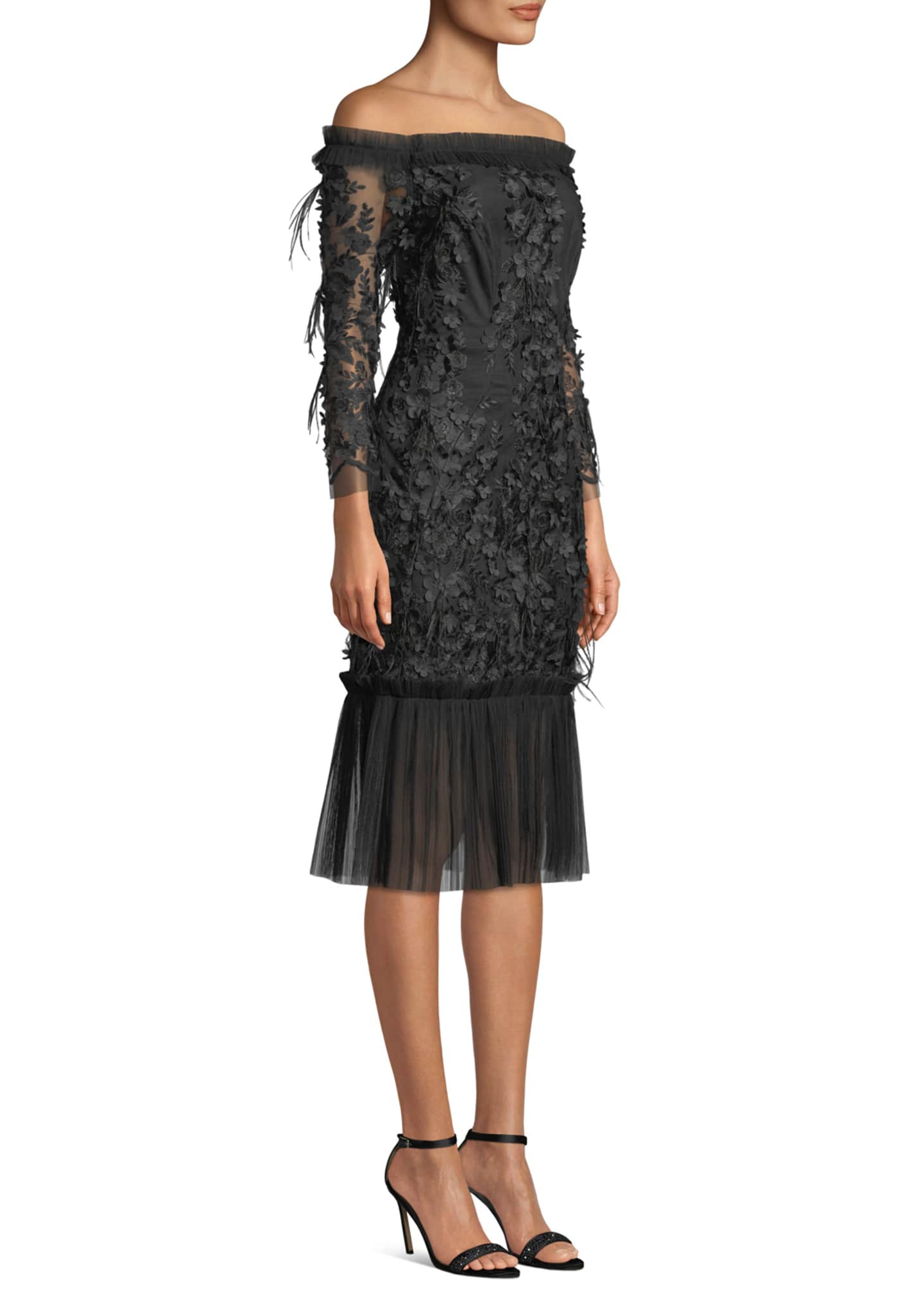 Milly Off-the-Shoulder Embroidery & Feather Dress - Bergdorf Goodman