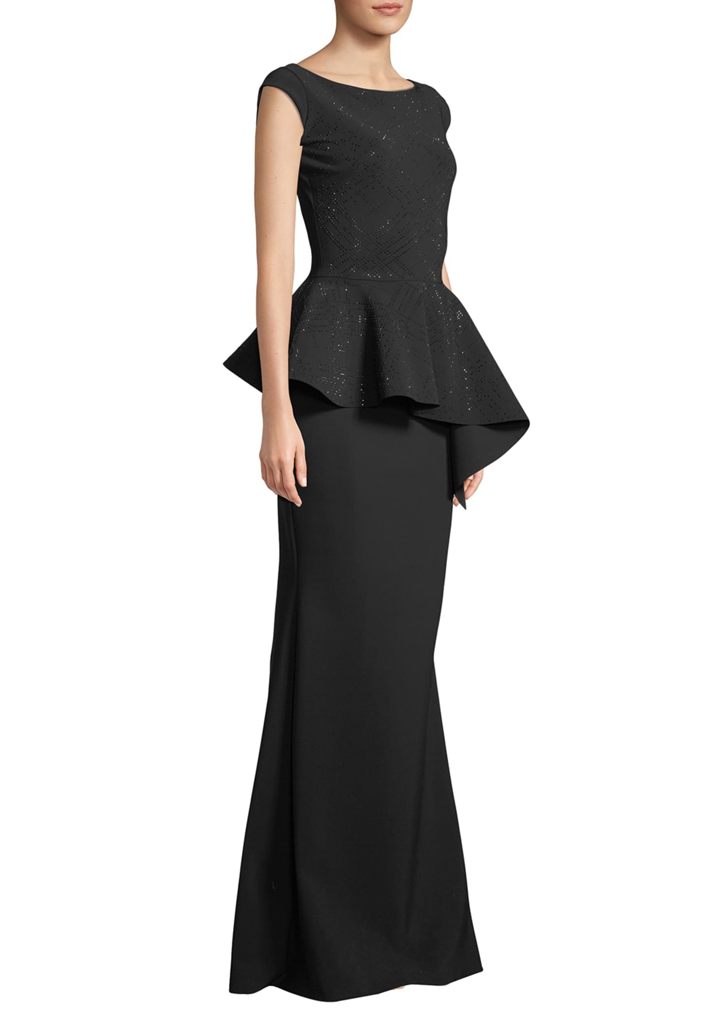 Chiara Boni La Petite Robe Etheline Beaded Cap-Sleeve Asymmetric Peplum-Waist Trumpet Evening Gown Image 3 of 3