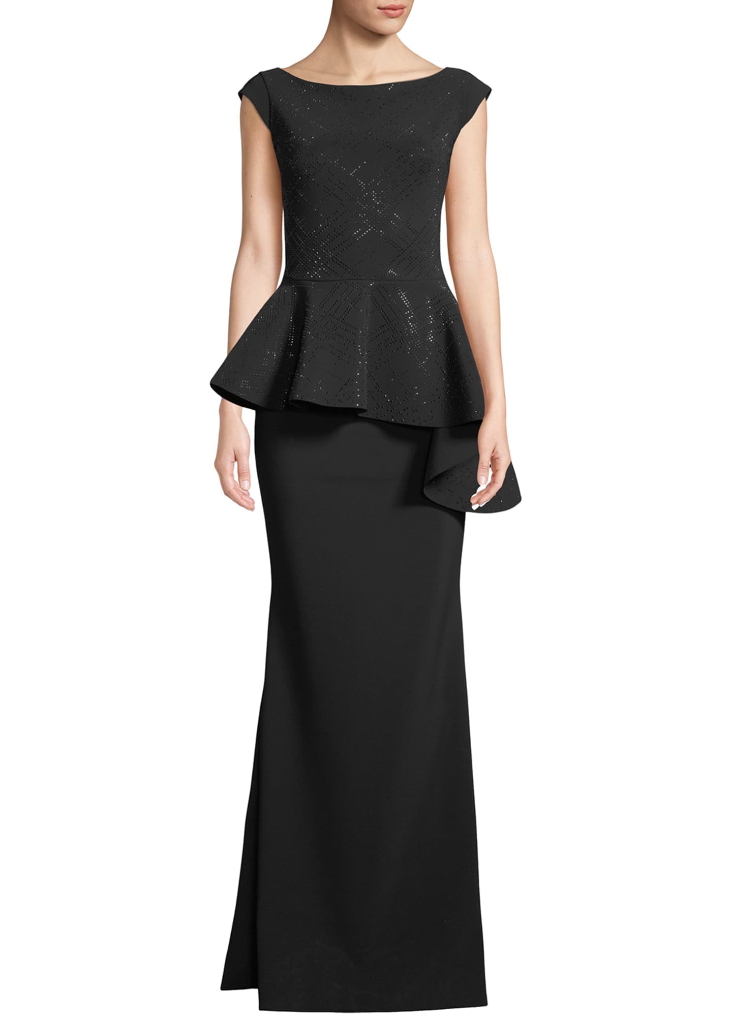 Chiara Boni La Petite Robe Etheline Beaded Cap-Sleeve Asymmetric Peplum-Waist Trumpet Evening Gown Image 1 of 3