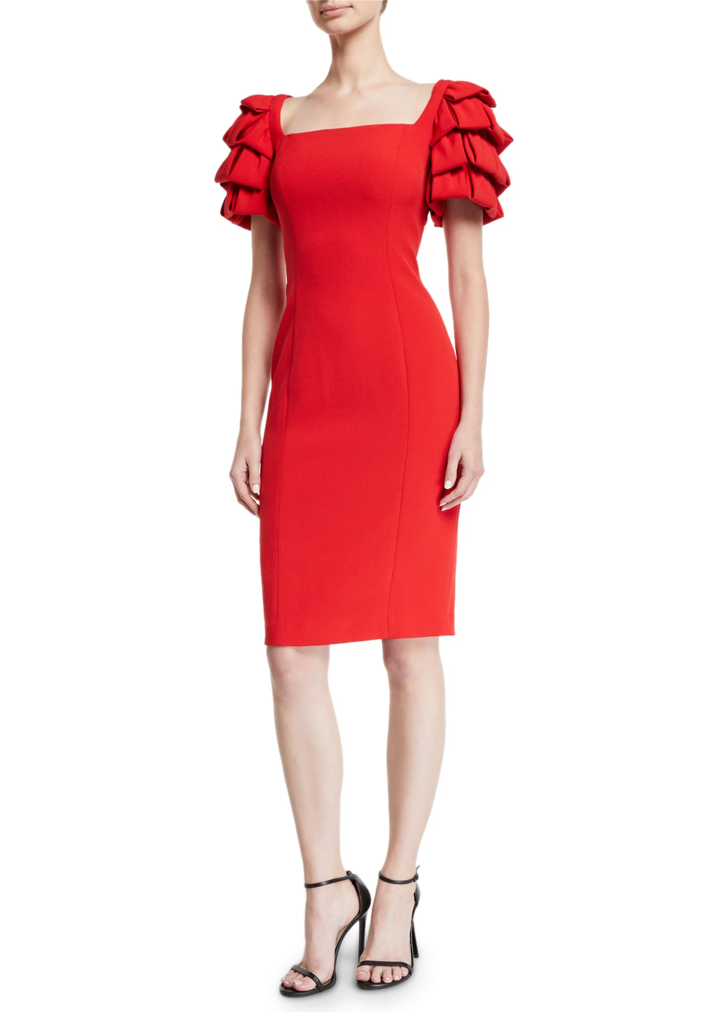 Badgley Mischka Couture Beaded Mock-Neck Flare-Sleeve Cocktail Dress