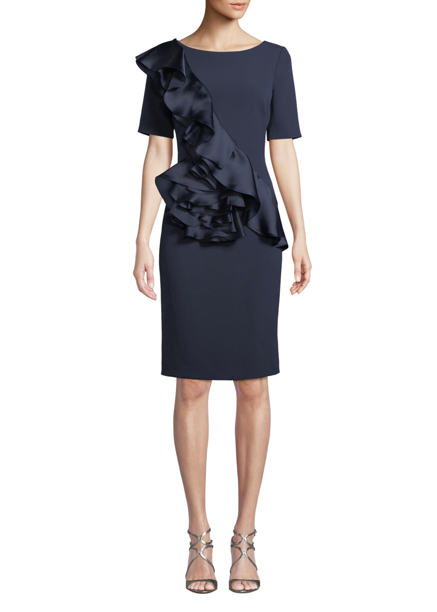 Badgley Mischka Collection Silk Ruffle-Front Sheath Dress - Bergdorf ...