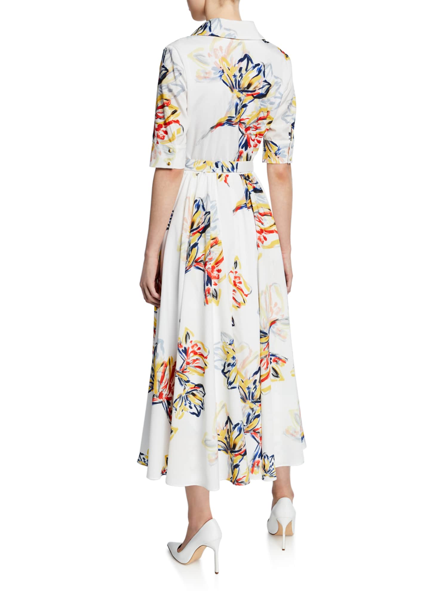 Badgley Mischka Collection Floral-Print Button-Down Elbow-Sleeve Belted ...