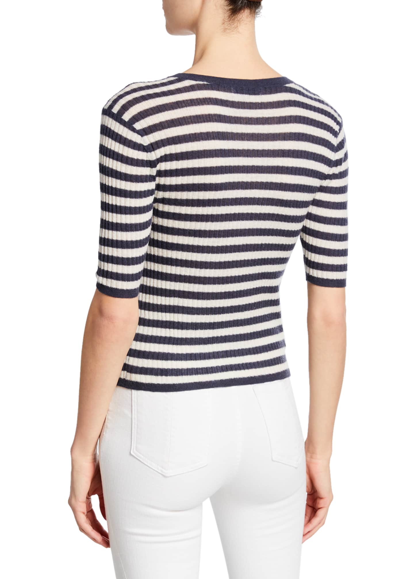 Vince Striped ElbowSleeve Cashmere Top Bergdorf Goodman