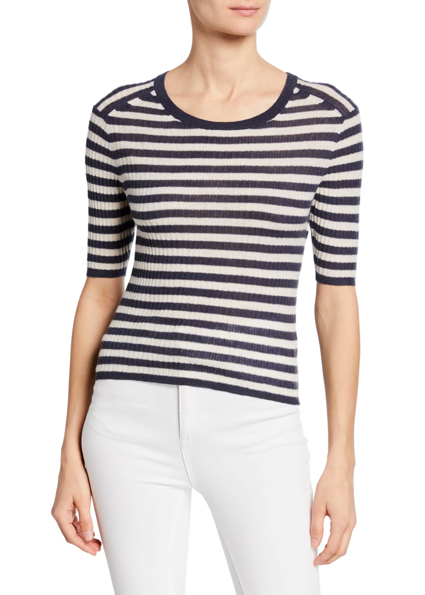 Vince Striped ElbowSleeve Cashmere Top Bergdorf Goodman
