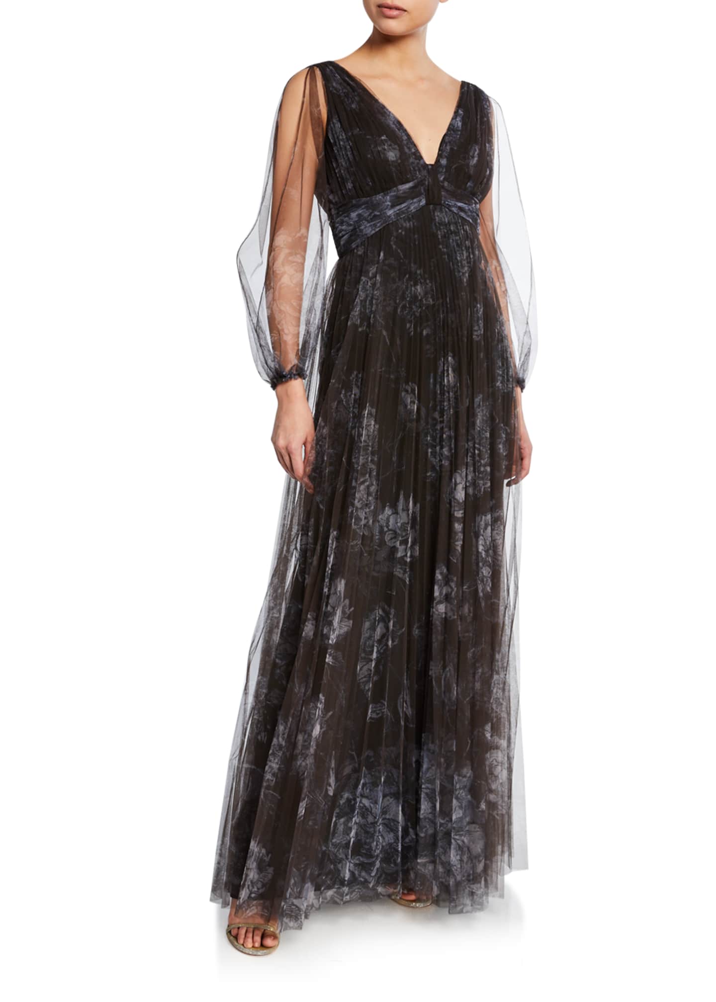 Marchesa Floral-Embellished High-Low Tulle Gown, Black