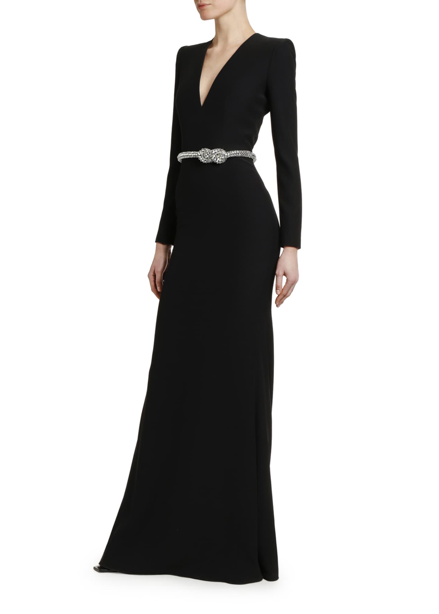 Alexander McQueen Crystal-Belted V-Neck Long-Sleeve Gown - Bergdorf Goodman