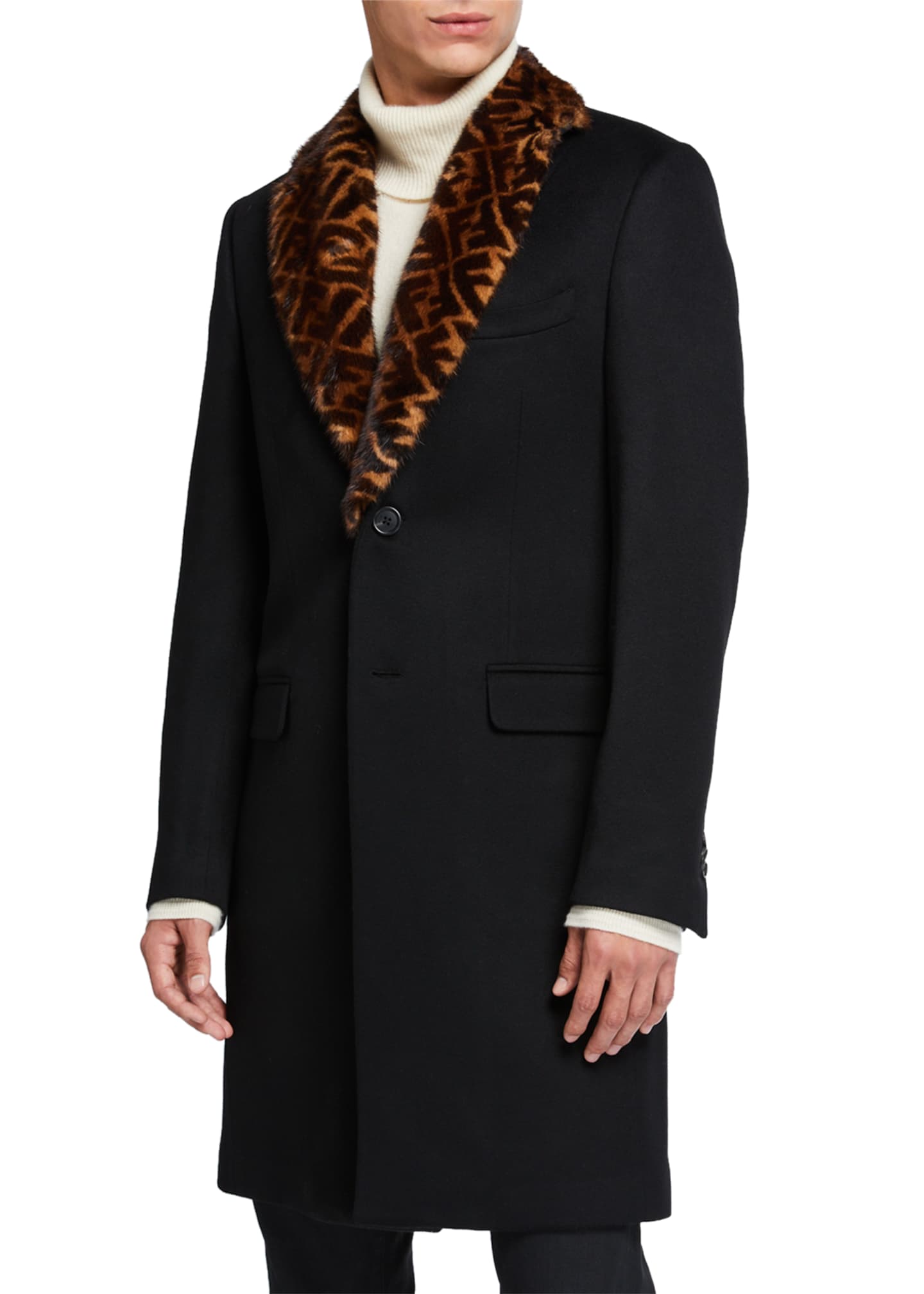 Fendi Men's Solid Overcoat w/ FF-Print Fur Collar - Bergdorf Goodman