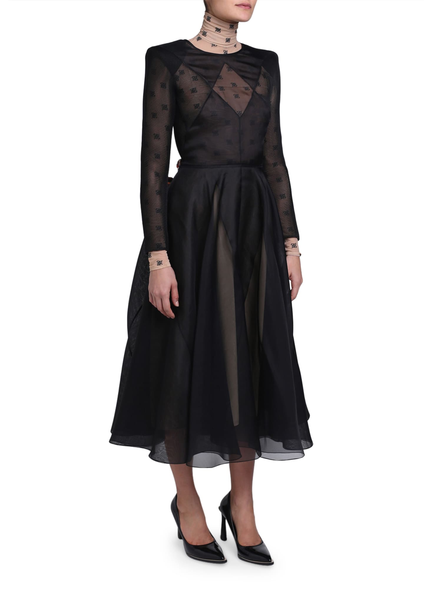 Fendi Chiffon Long Sleeve Dress With Logo Print Turtleneck Lining Bergdorf Goodman
