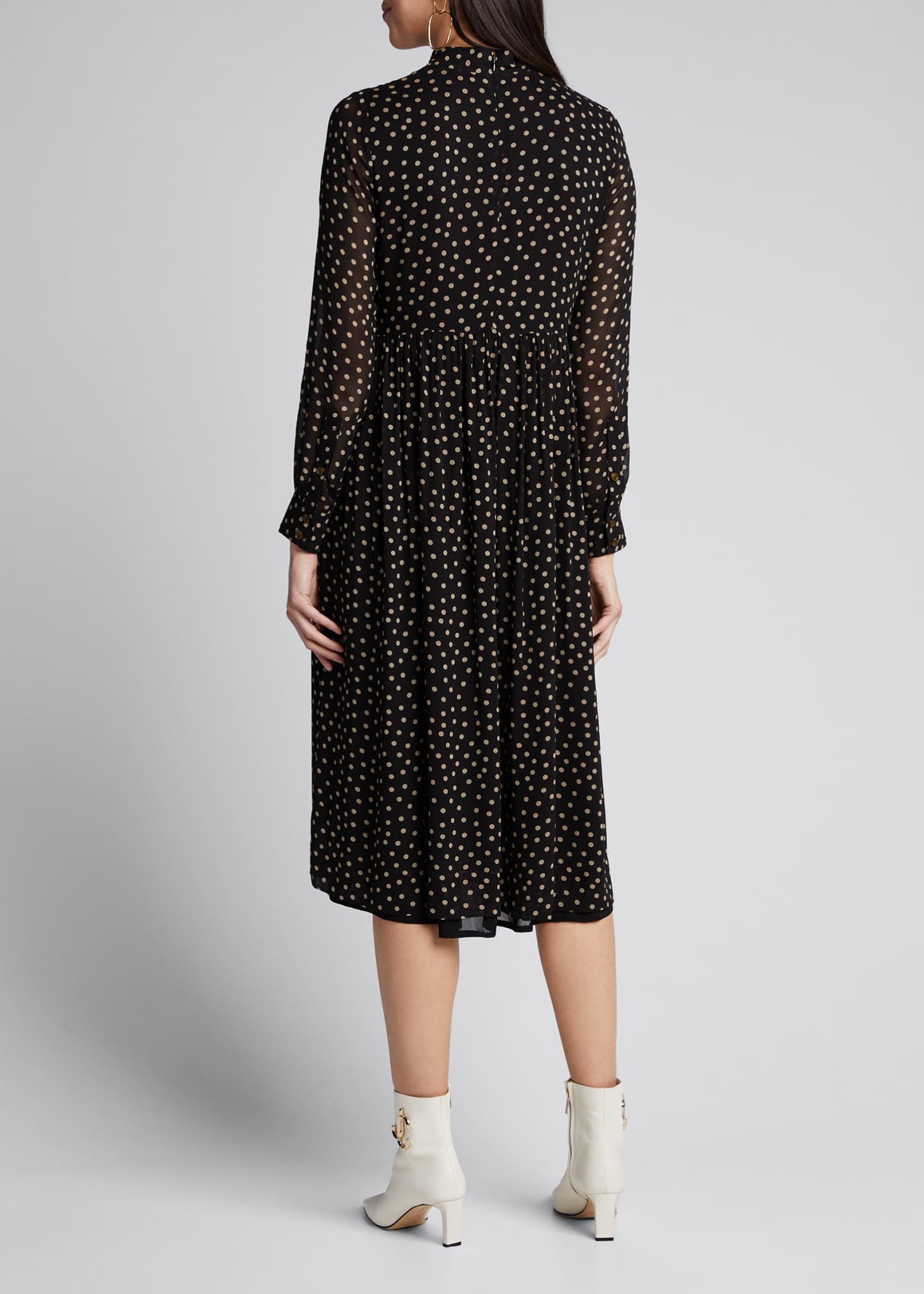 GANNI Dot-Print Georgette Long-Sleeve Midi Dress
