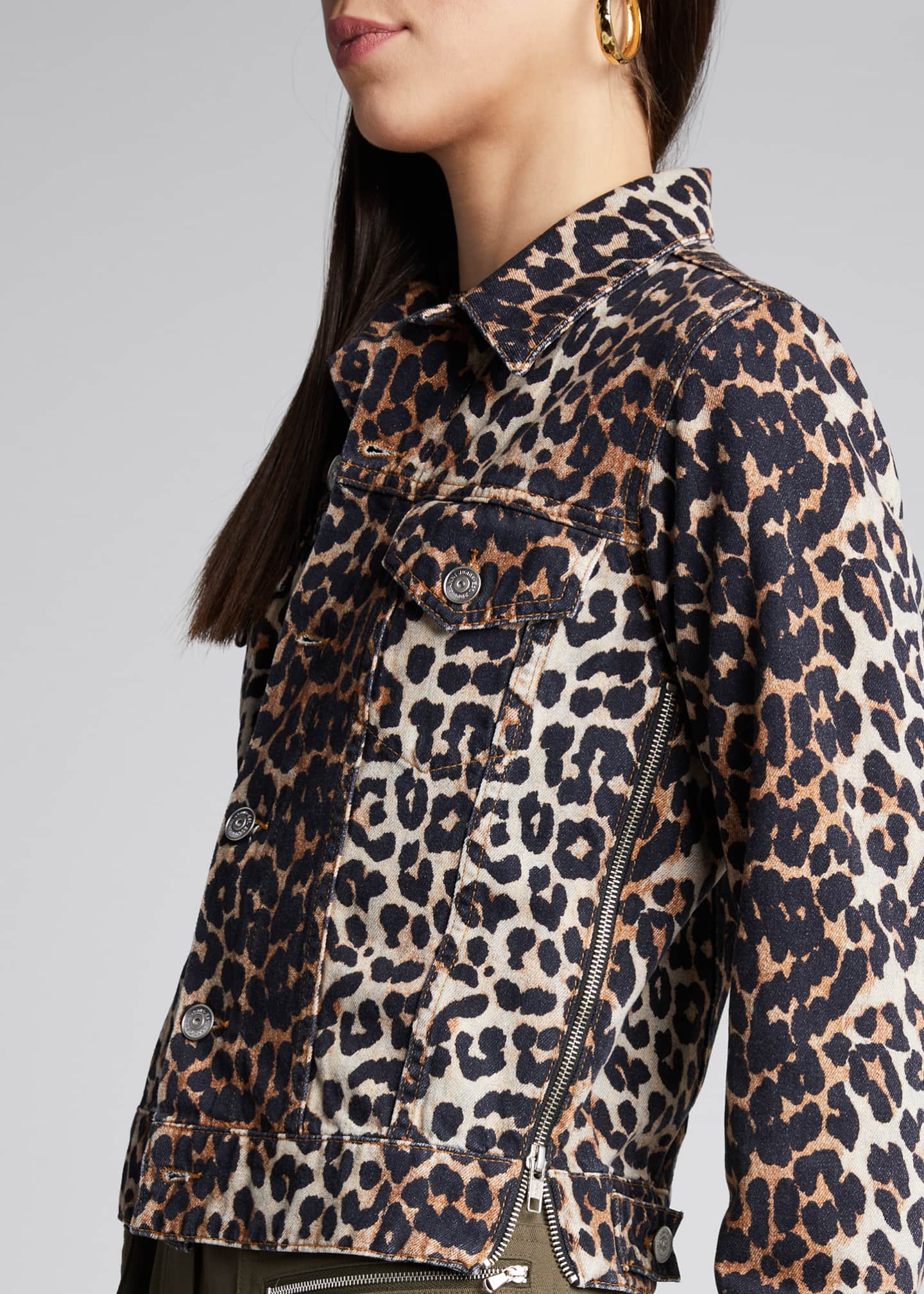 Ganni LeopardPrint Denim Jacket w/ Zippers Bergdorf Goodman