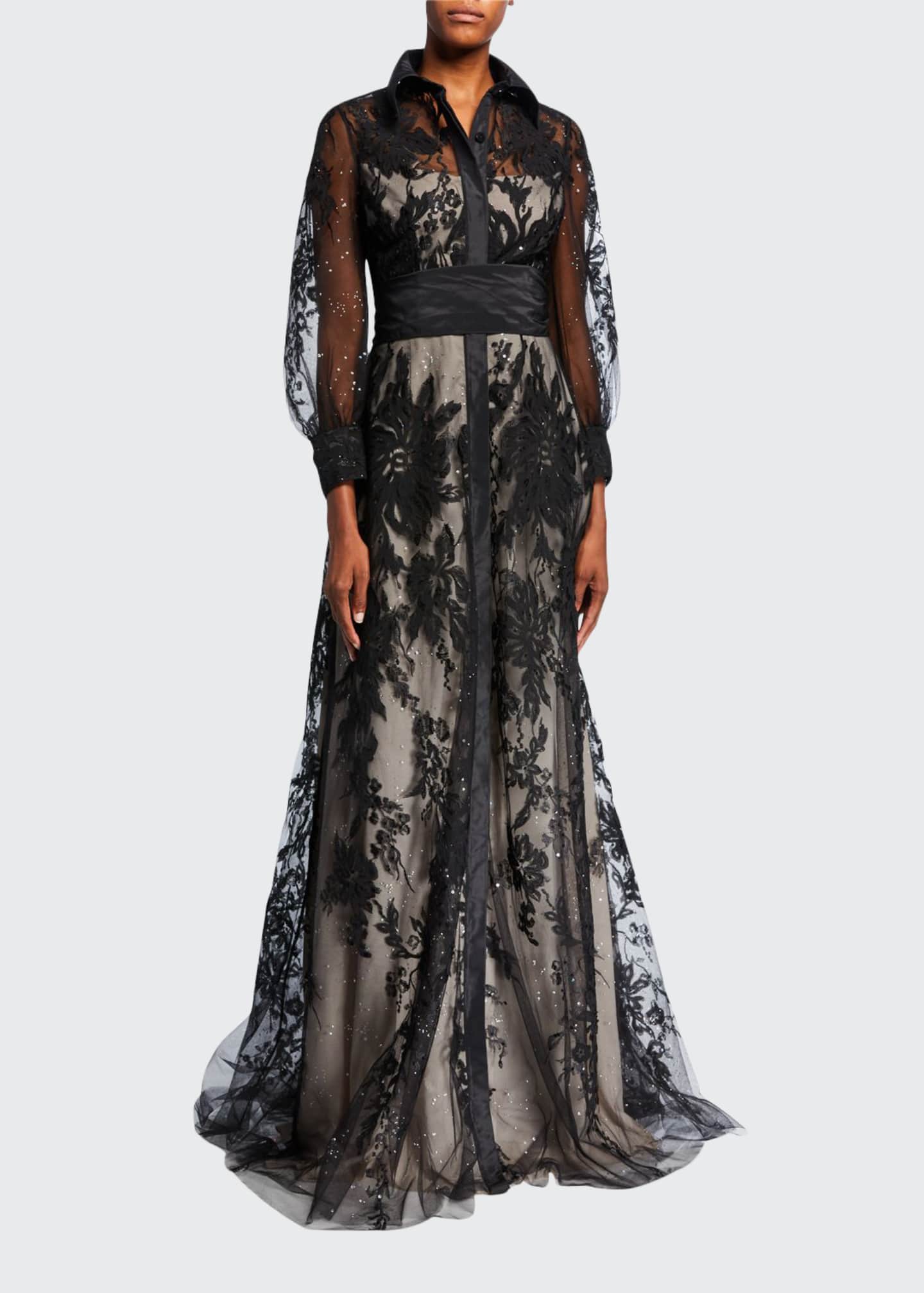 Marchesa Floral-Embellished High-Low Tulle Gown, Black