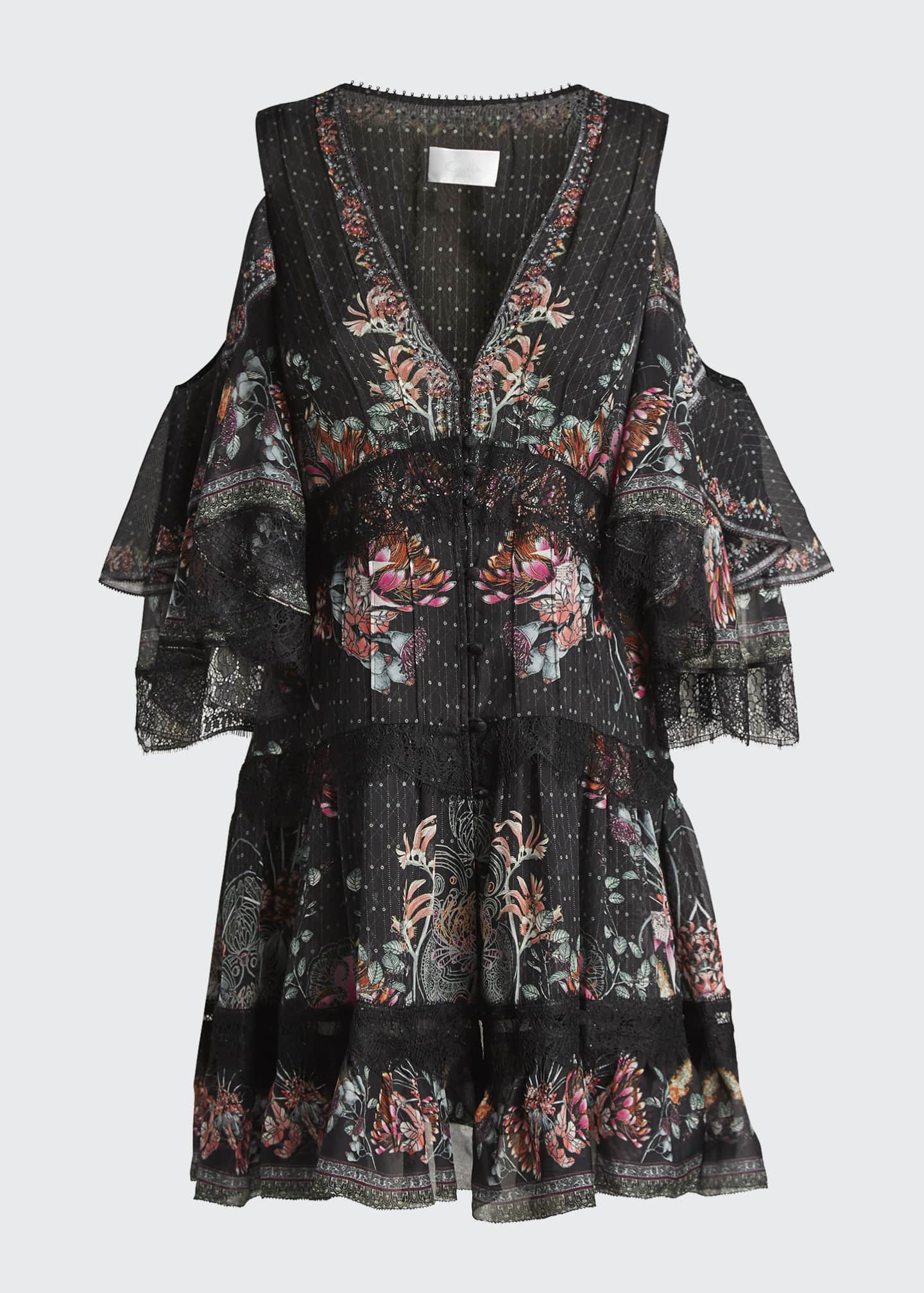 Camilla Button-Up Cold-Shoulder Dress with Lace Insets - Bergdorf Goodman