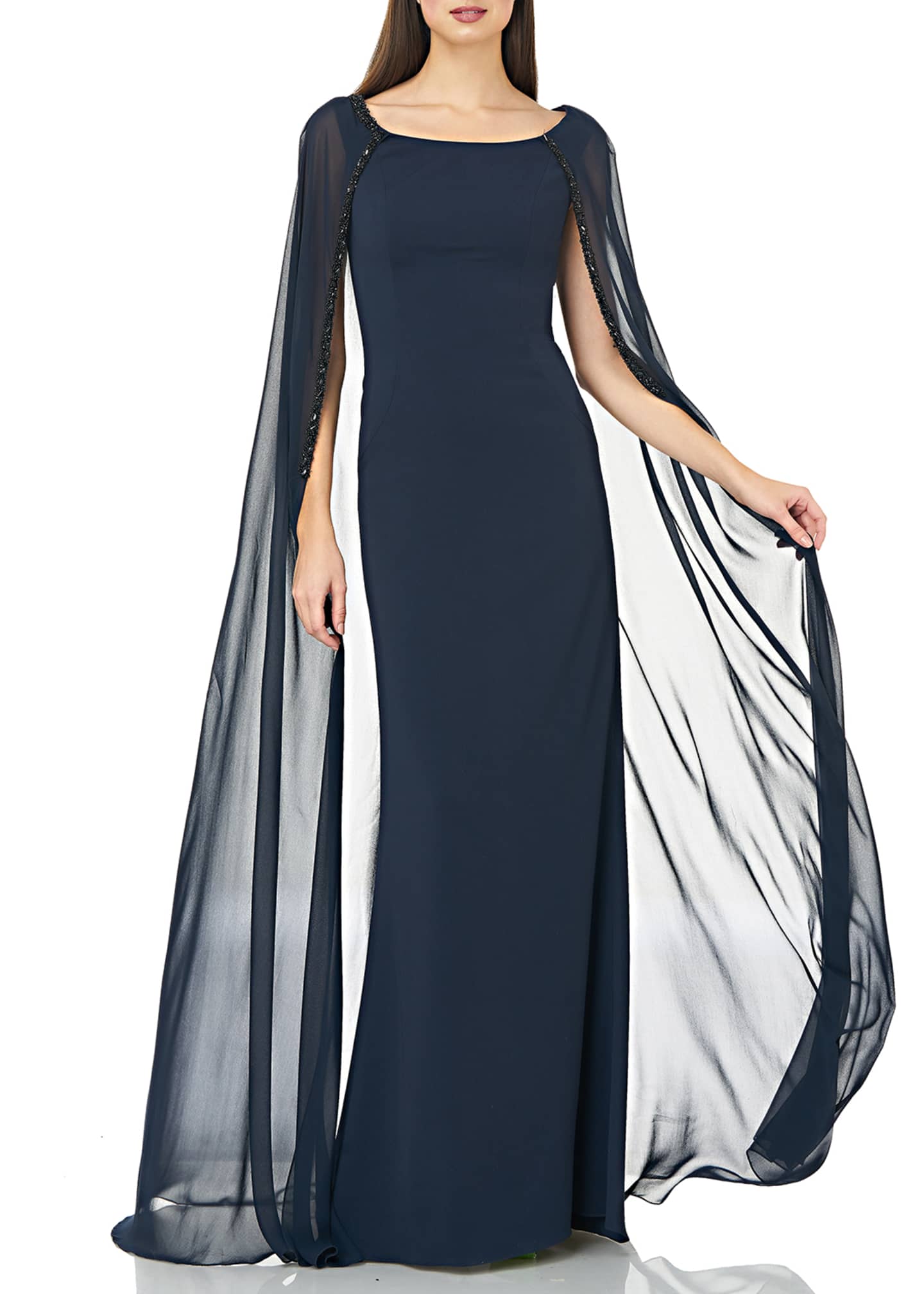 Carmen Marc Valvo Infusion Boat-Neck Crepe Column Gown with Chiffon ...