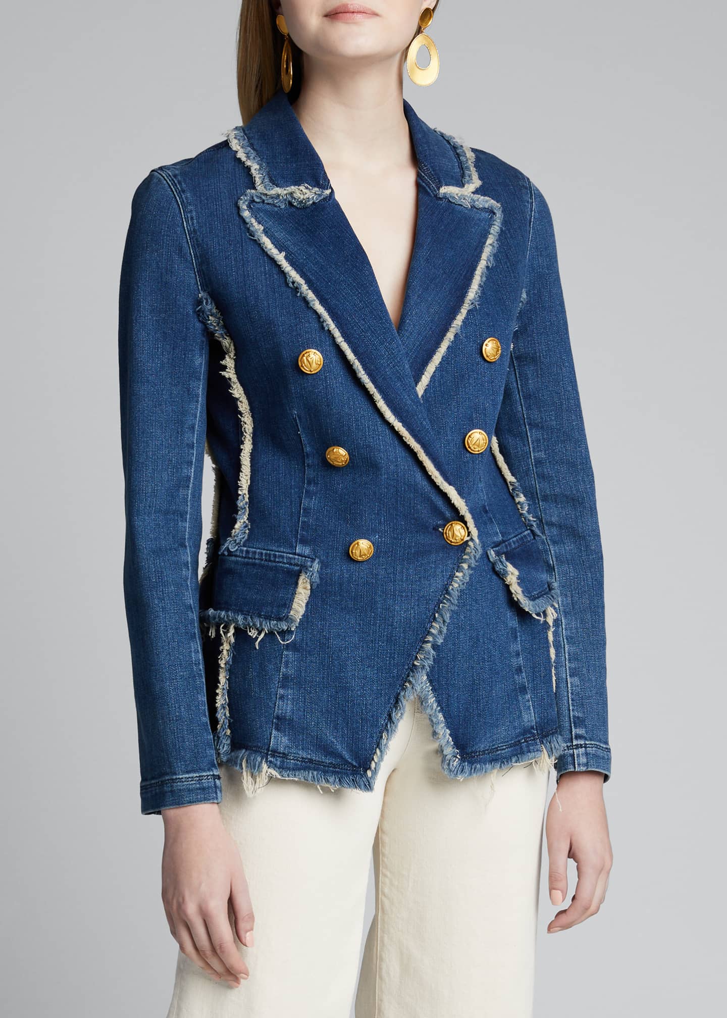 L'Agence Kaydence DoubleBreasted Frayed Denim Blazer Bergdorf Goodman