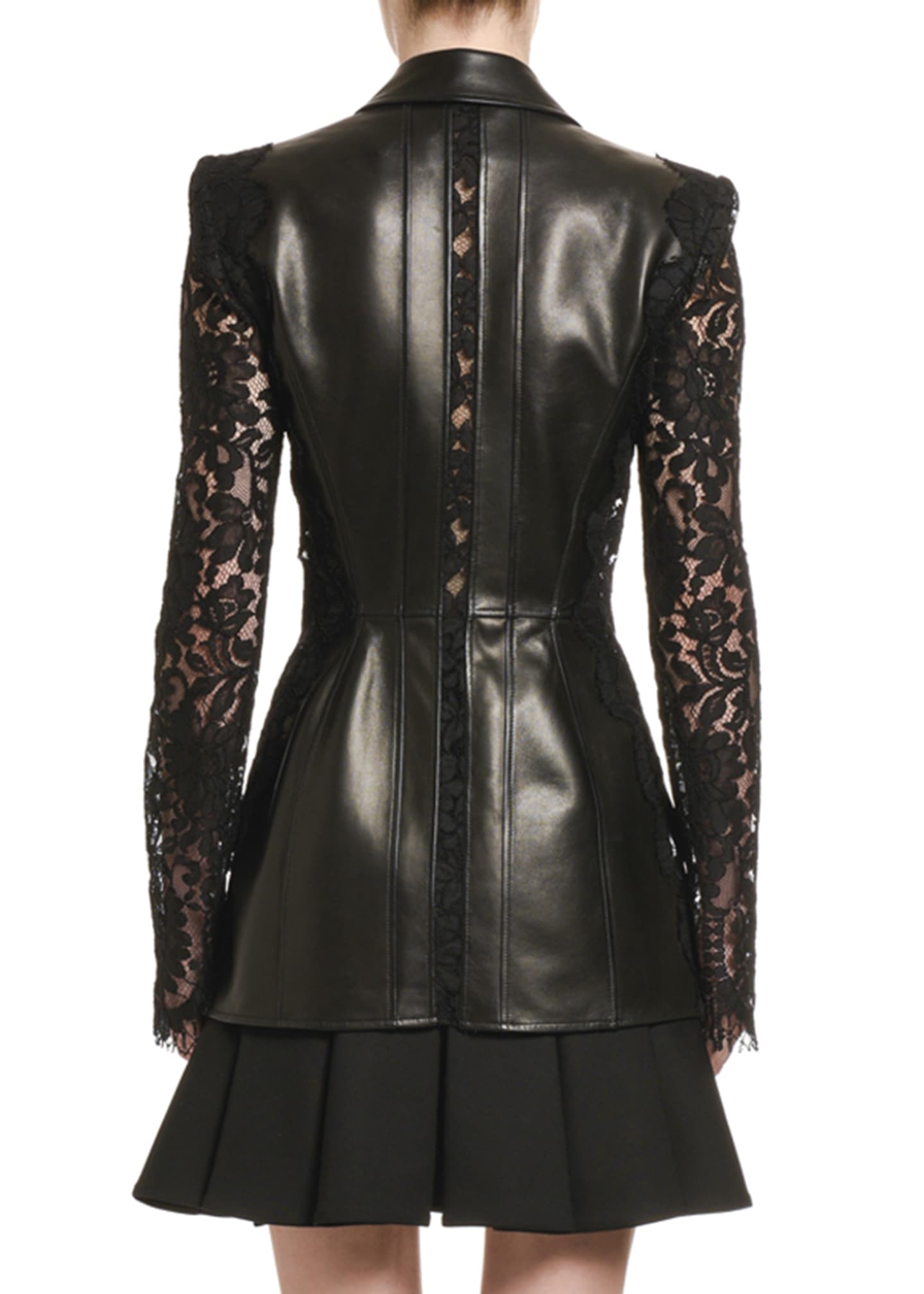 Alexander McQueen Leather Blazer with Lace Sleeves - Bergdorf Goodman