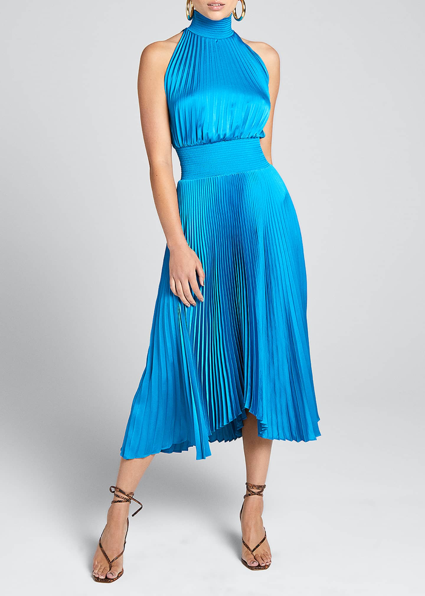 pleated halter midi dress