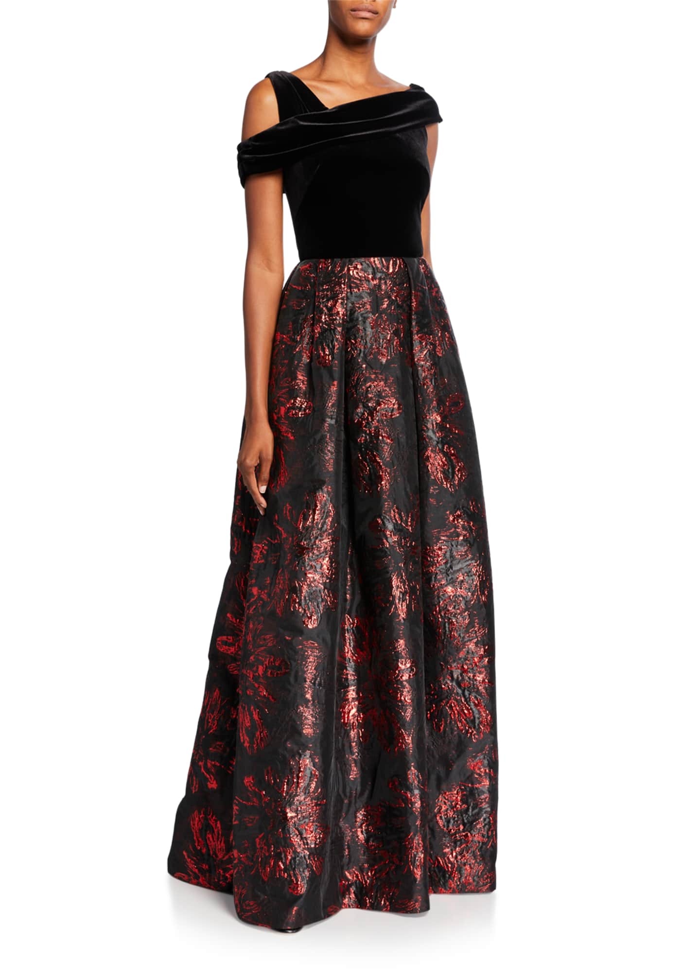 Theia Asymmetrical Velvet Bodice Brocade Skirt A-Line Gown - Bergdorf ...