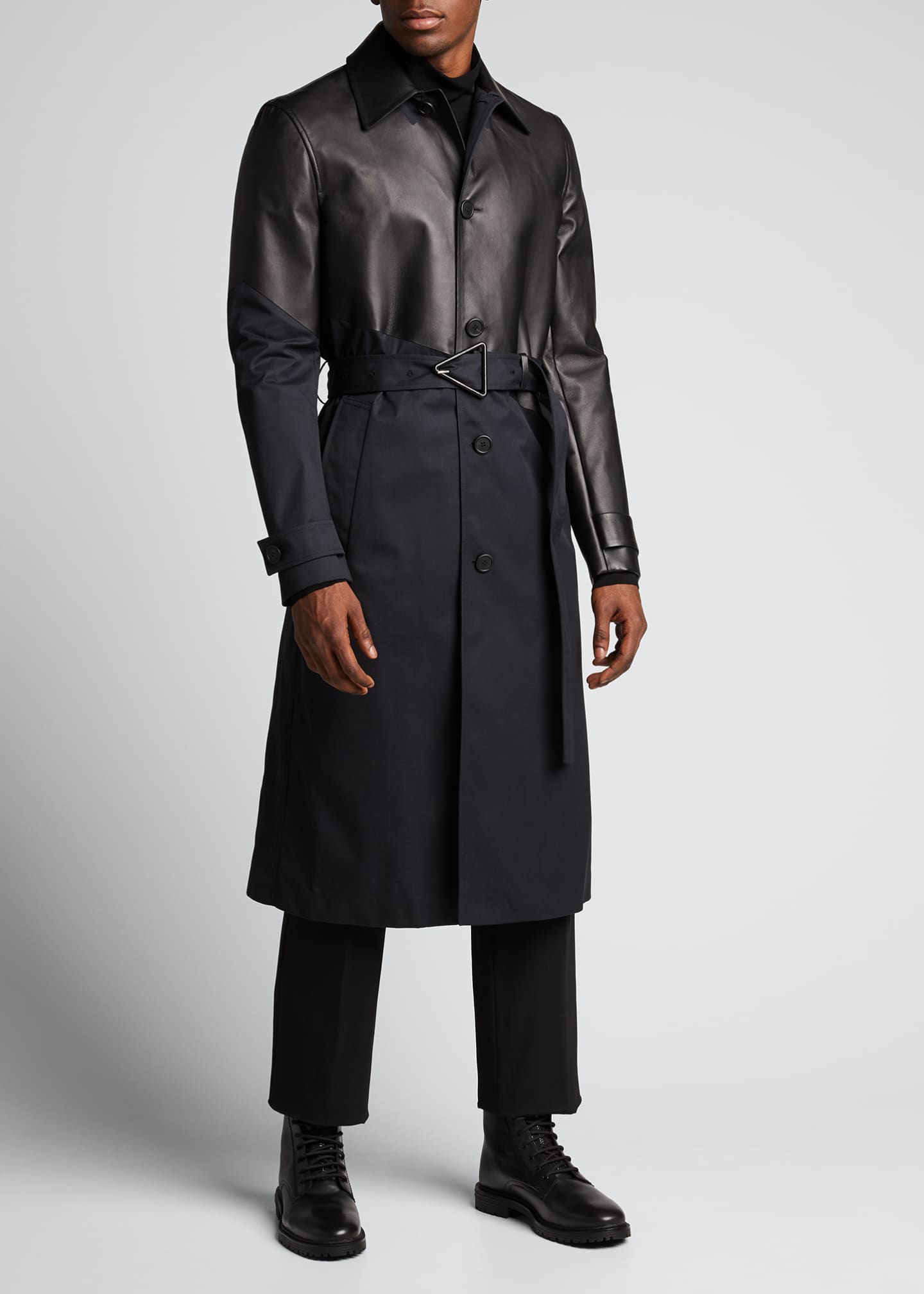 Bottega Men's Tech Trench Coat w/ Bonded Leather Top Bergdorf