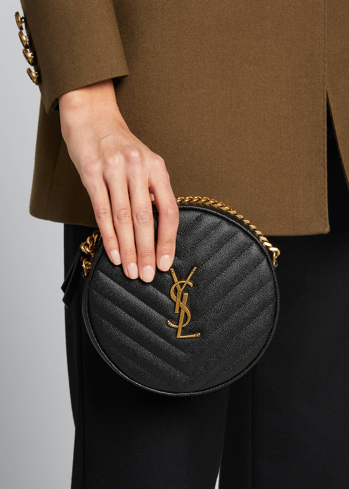 Saint Laurent Jade Ysl Round Quilted Grain de Poudre Crossbody Bag