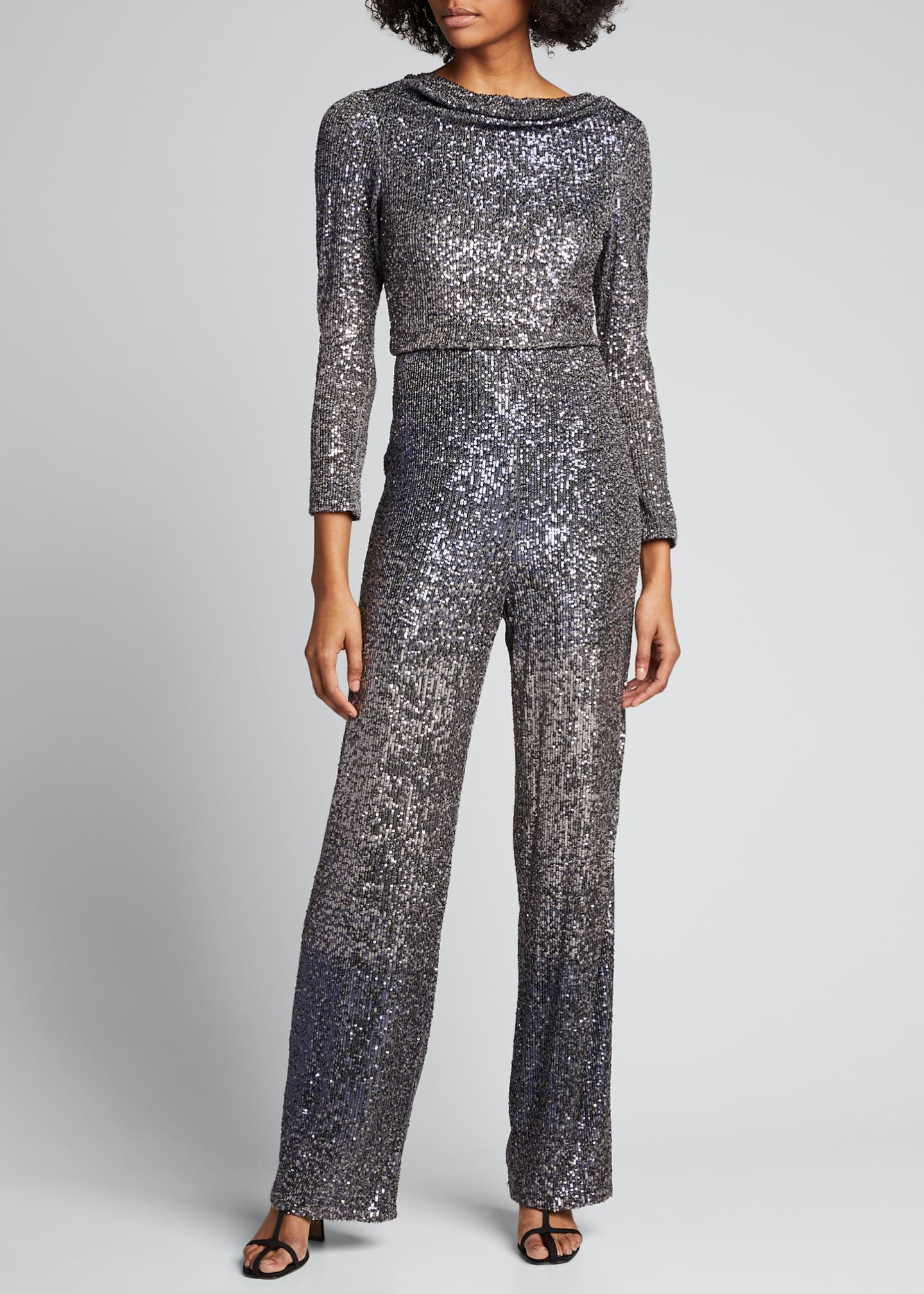 Badgley Mischka Collection Ombre Sequin Cowl-Neck Long-Sleeve Jumpsuit ...
