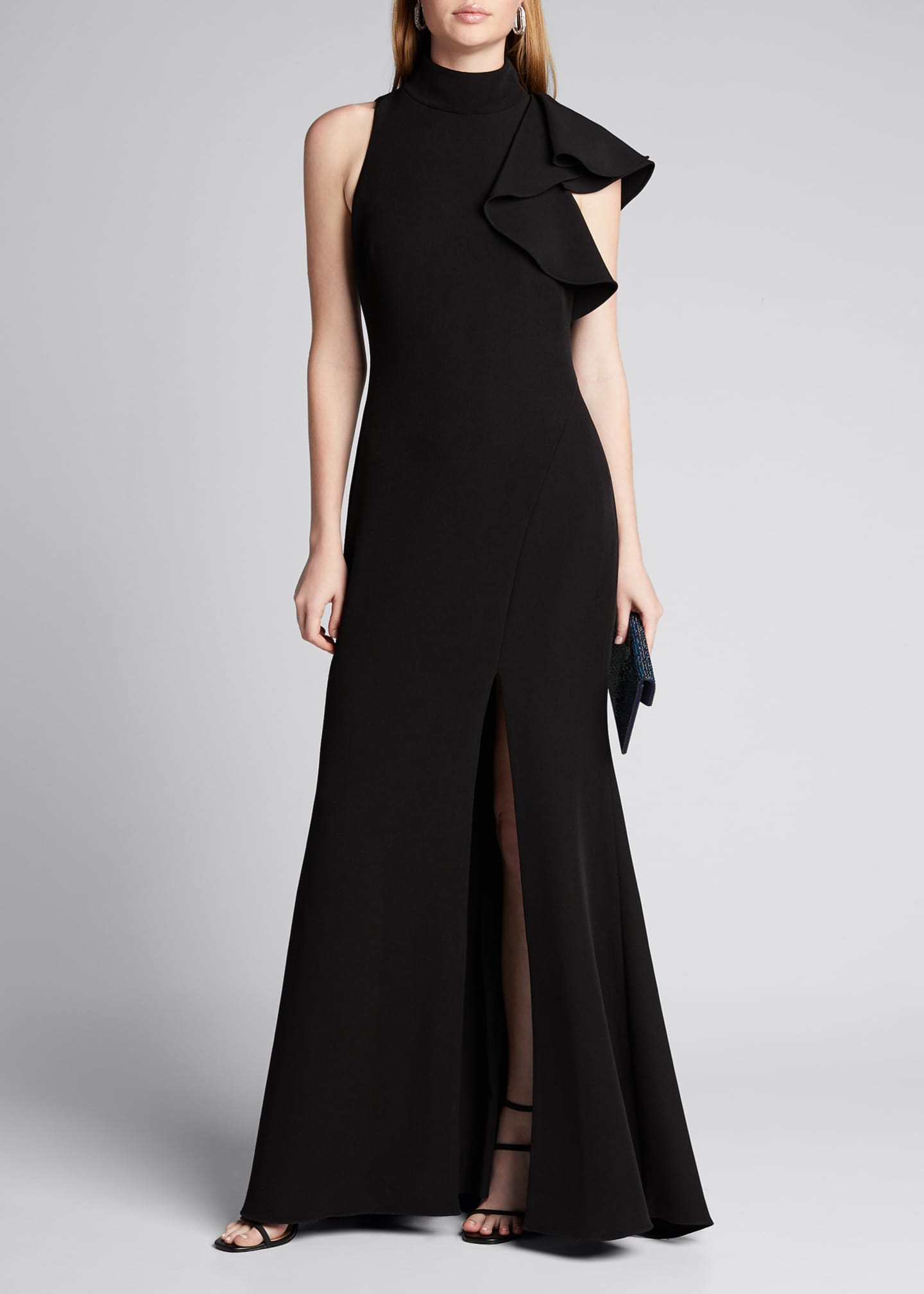 Badgley Mischka Collection Mock Neck Sleeveless Asymmetric Ruffle Crepe Gown Bergdorf Goodman 1261