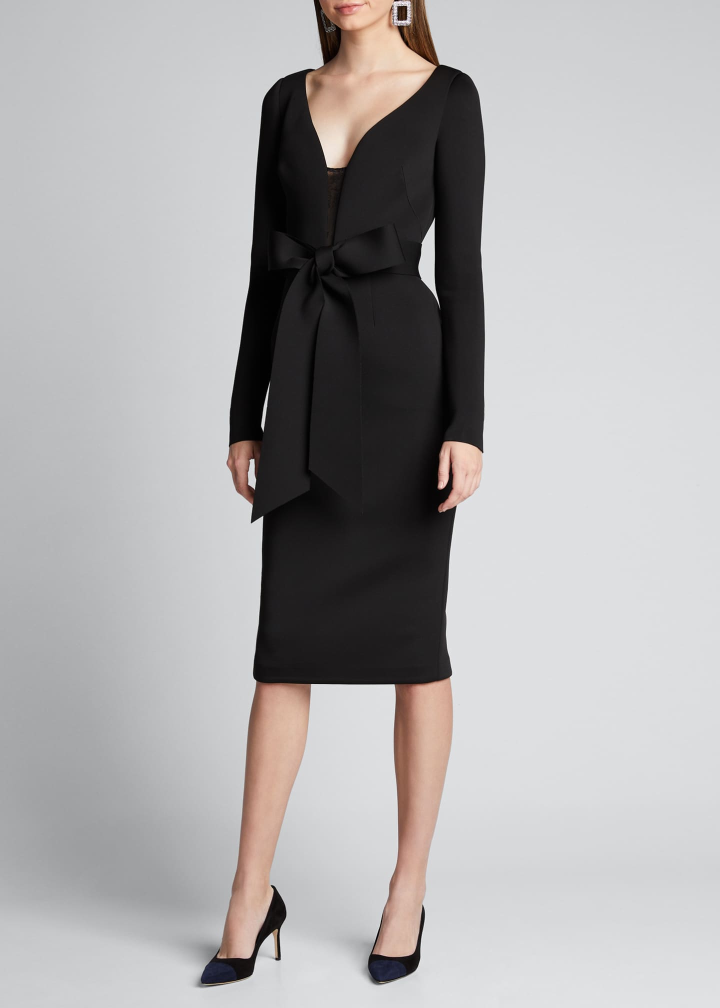 Badgley Mischka Collection VNeck LongSleeve Scuba Dress with Bow