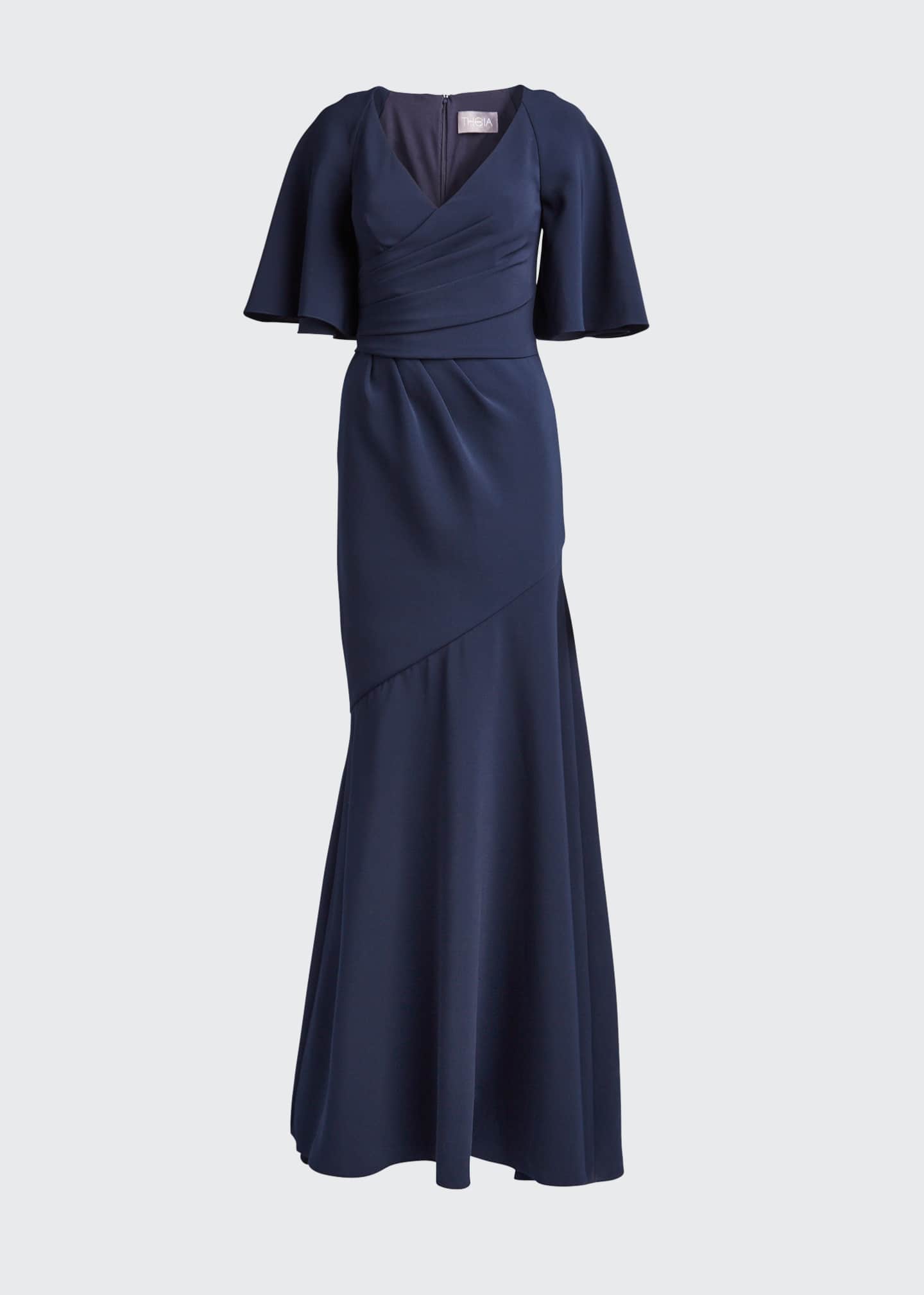 Theia ElbowSleeve WrapFront Stretch Crepe Gown Bergdorf Goodman
