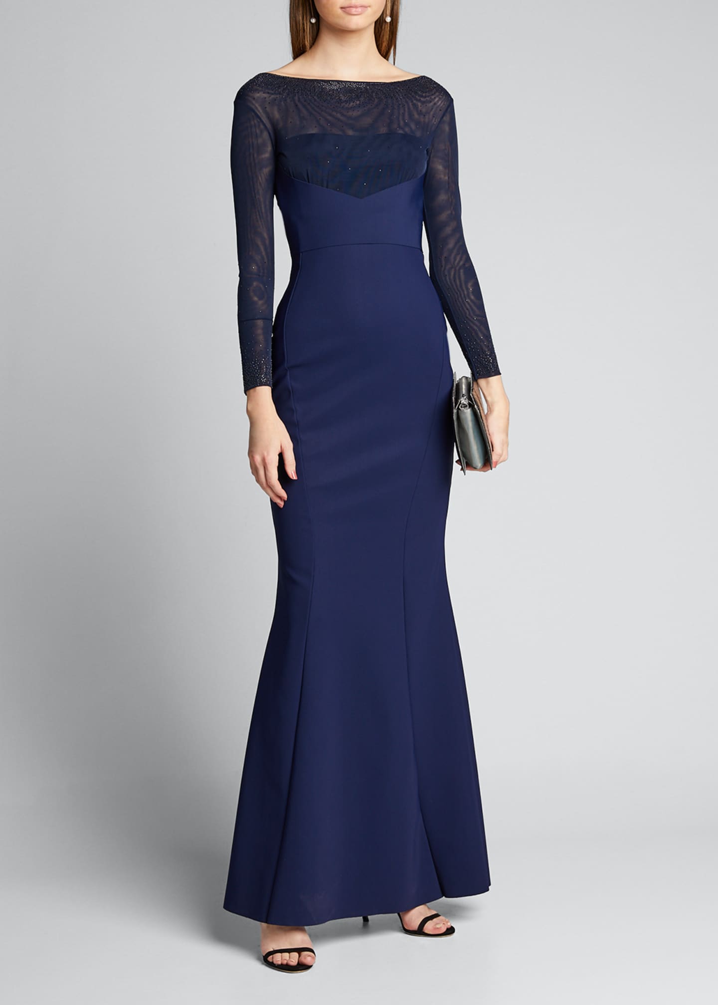 Chiara Boni La Petite Robe Mesh BoatNeck LongSleeve Gown with Beading