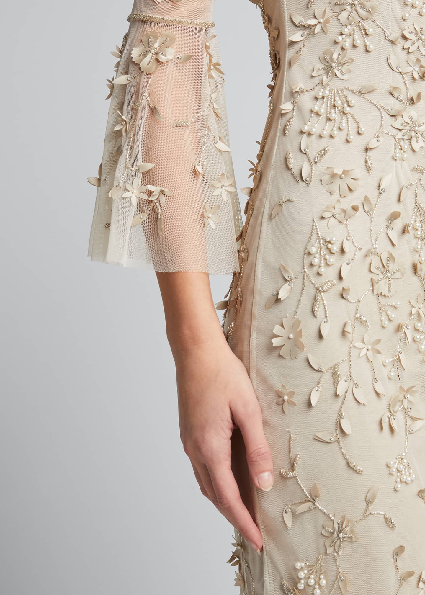 Theia Hand-Beaded & Petal Applique 3/4 Bell-Sleeve Dress - Bergdorf Goodman