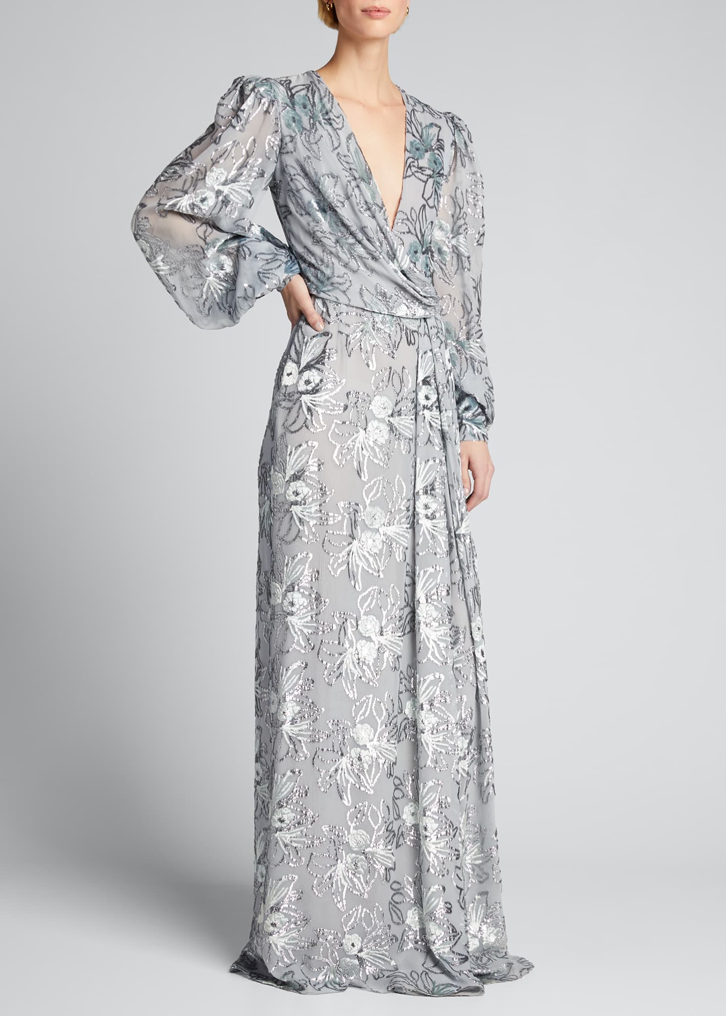 J. Mendel Floral Velvet Sheer-Sleeve Gown - Bergdorf Goodman