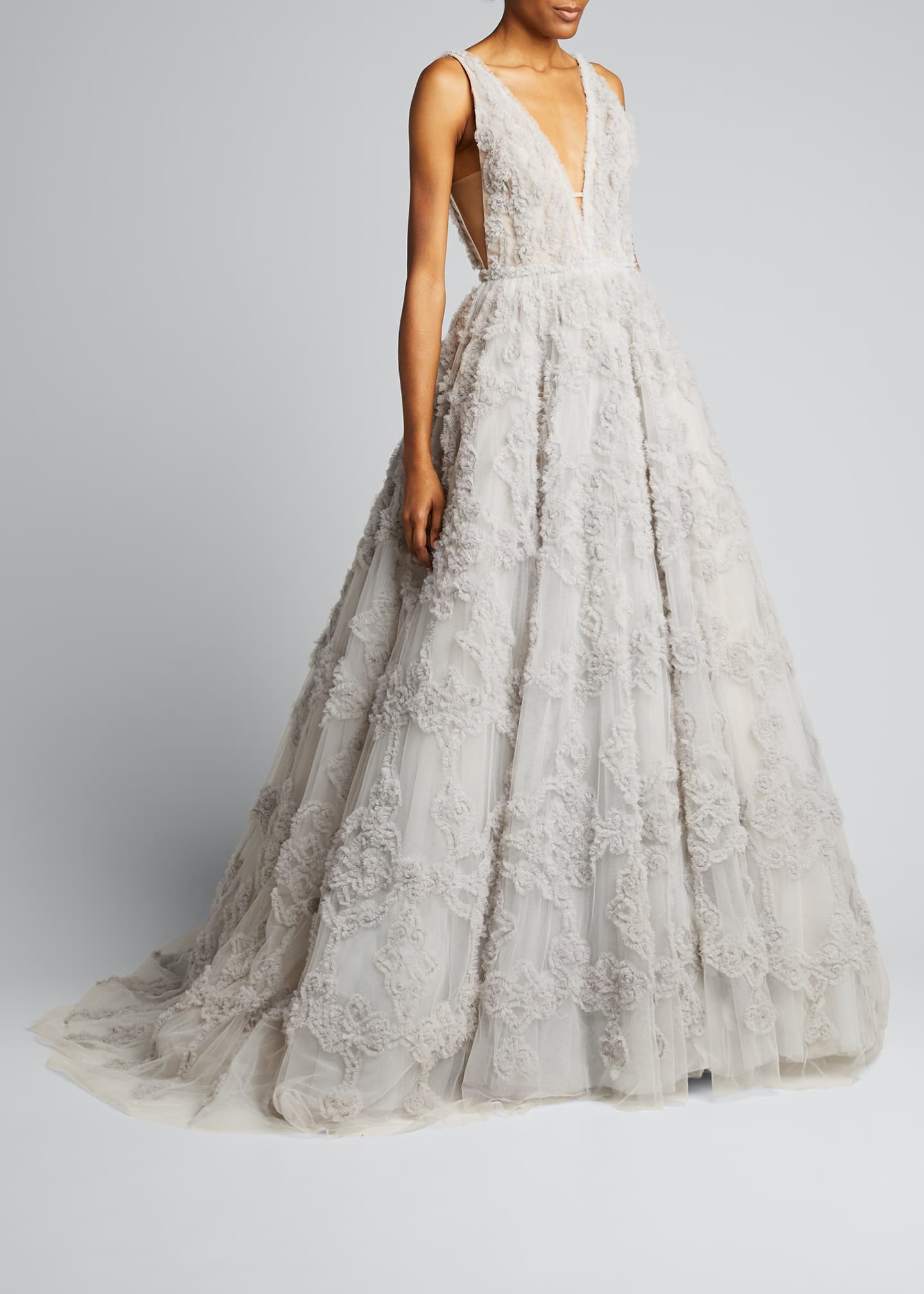 J Mendel V Neck Tulle Gown With Ruffled Pattern Embroidery