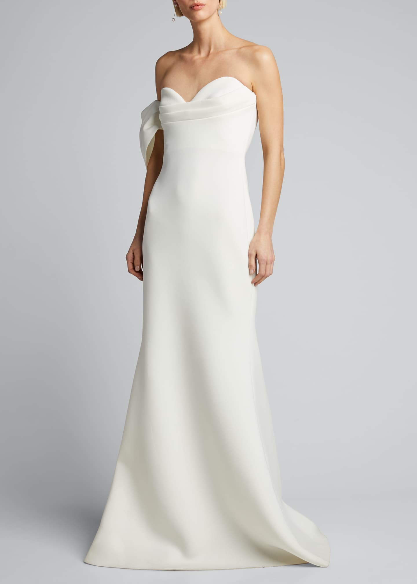 badgley mischka strapless ruffle scuba gown