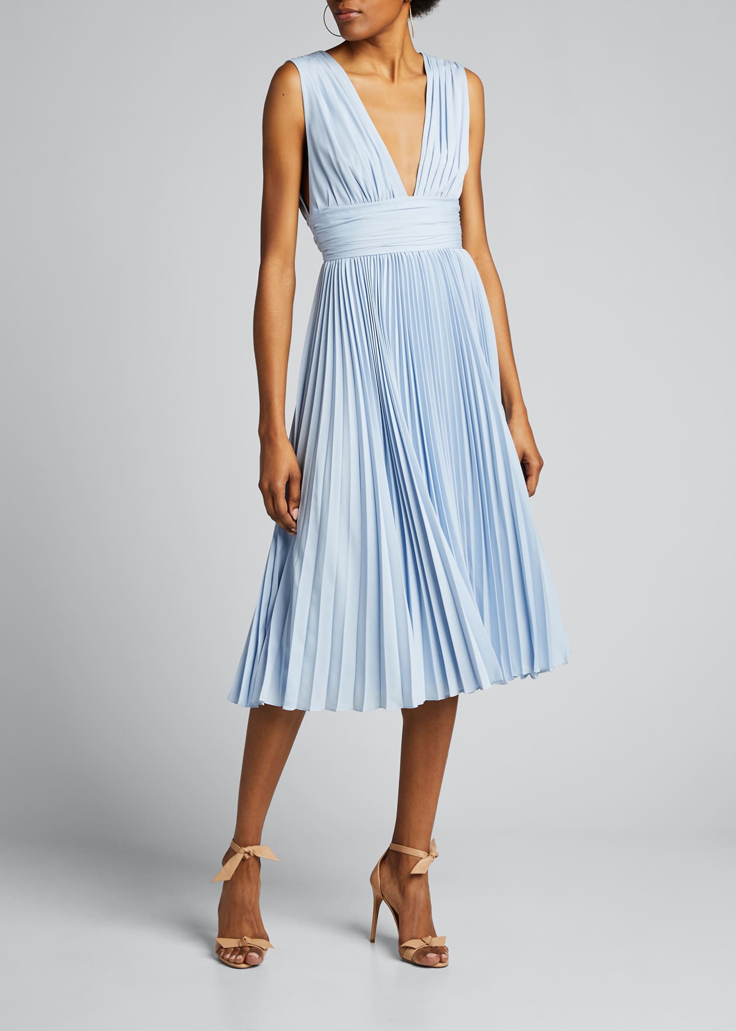 Badgley Mischka Collection Deep V Neck Sleeveless Pleated Midi Dress Bergdorf Goodman 2197