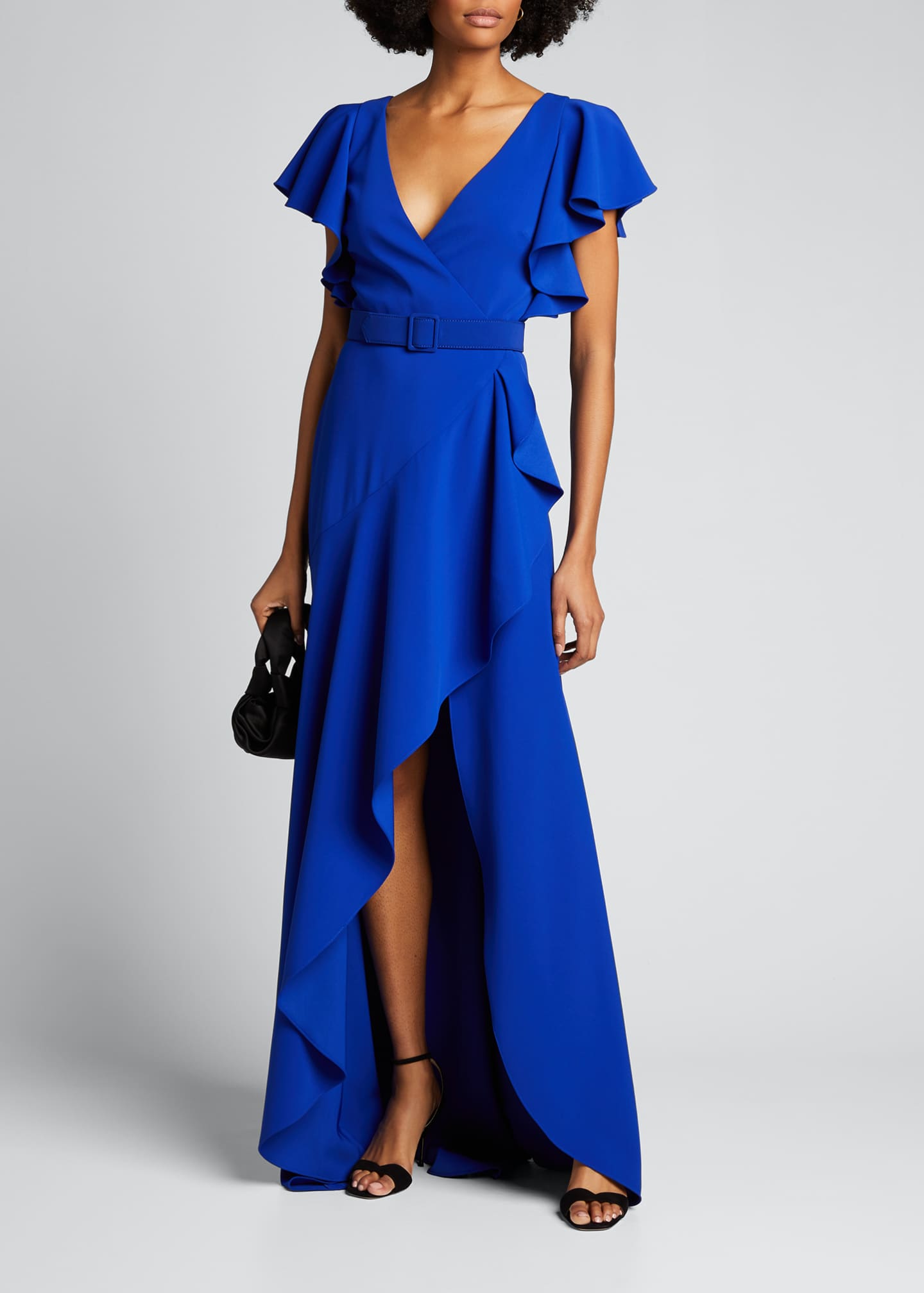 Badgley Mischka Collection V-Neck Flutter-Sleeve High-Low Ruffle Gown ...
