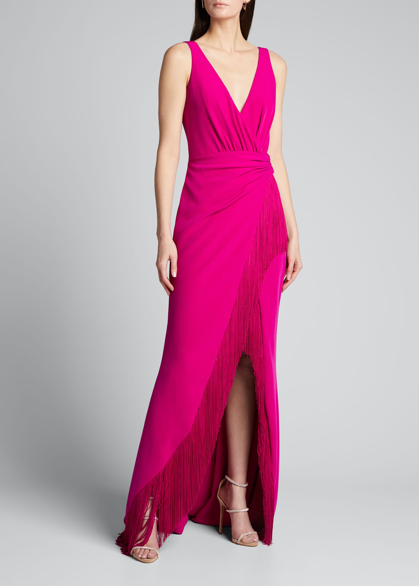 Badgley Mischka Collection V-Neck Sleeveless High-Low Fringe Gown ...