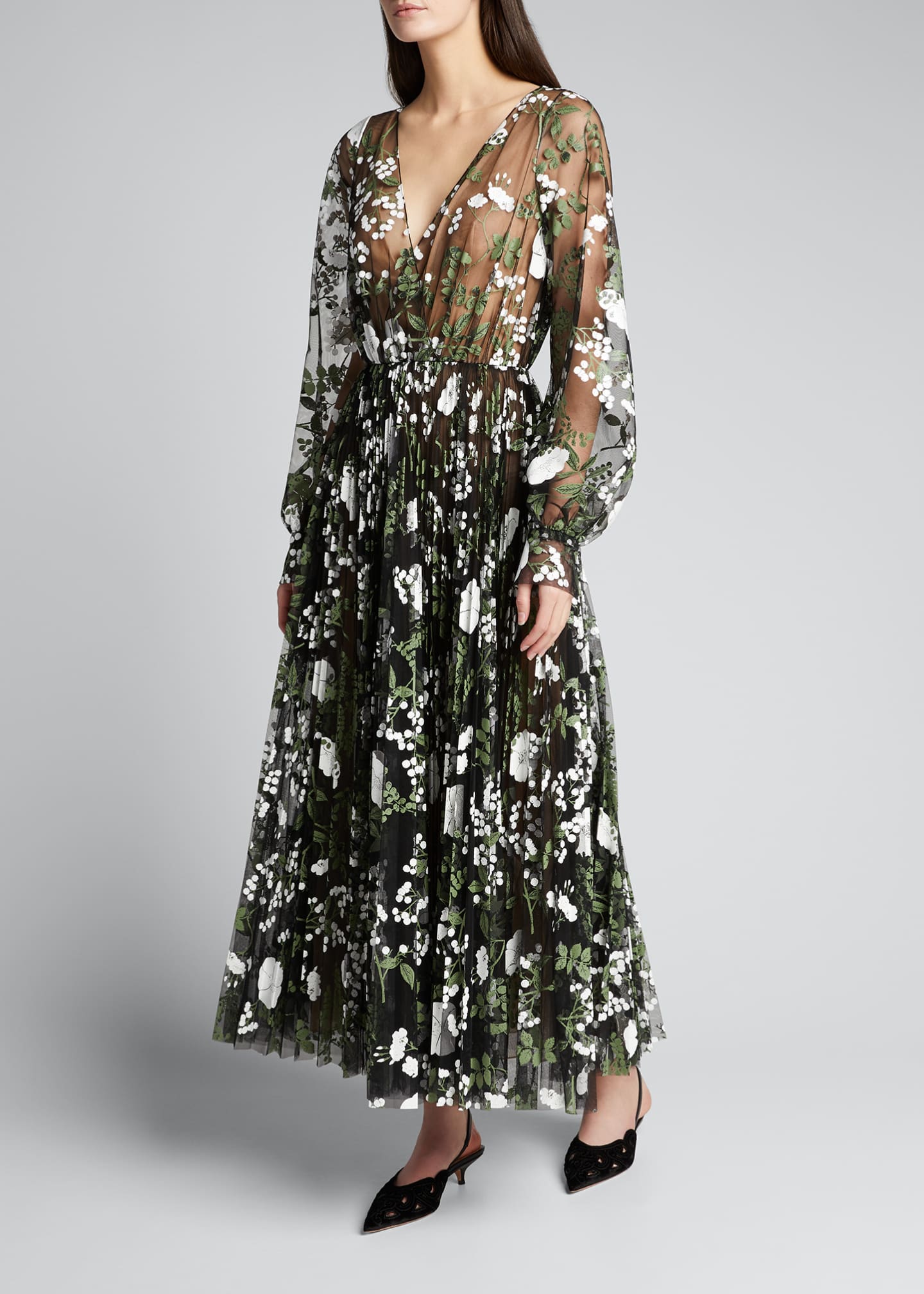 Oscar de la Renta Floral Embroidered Long-Sleeve Tea-Length Dress ...