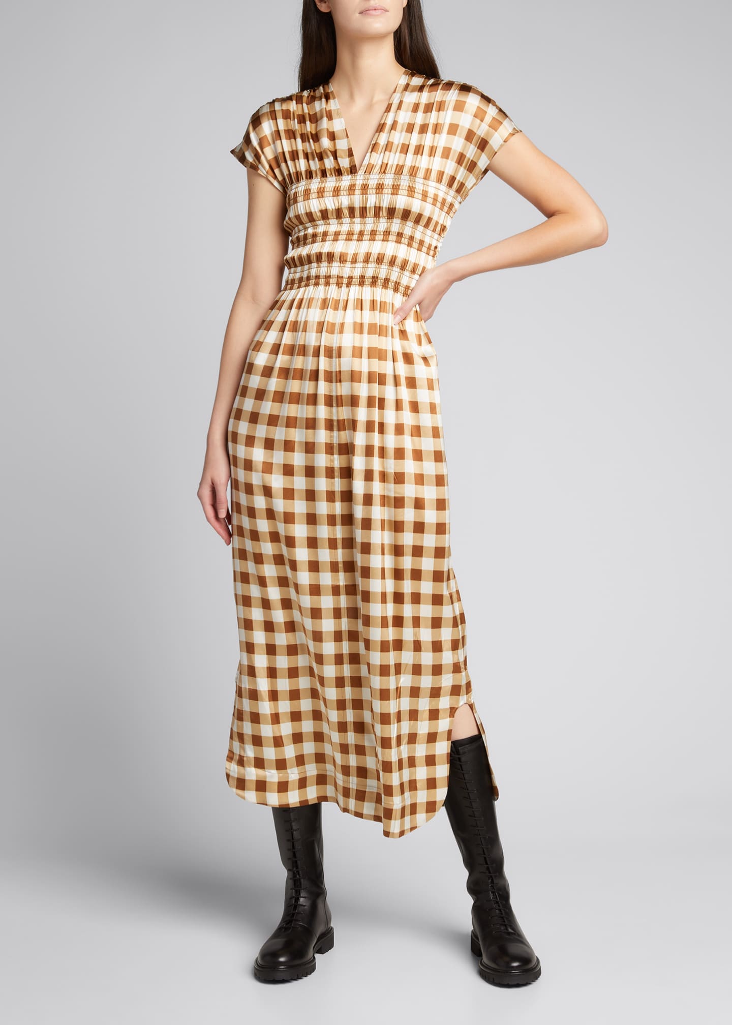 Ganni Gingham Cap-Sleeve Stretch Silk Maxi Dress - Bergdorf Goodman