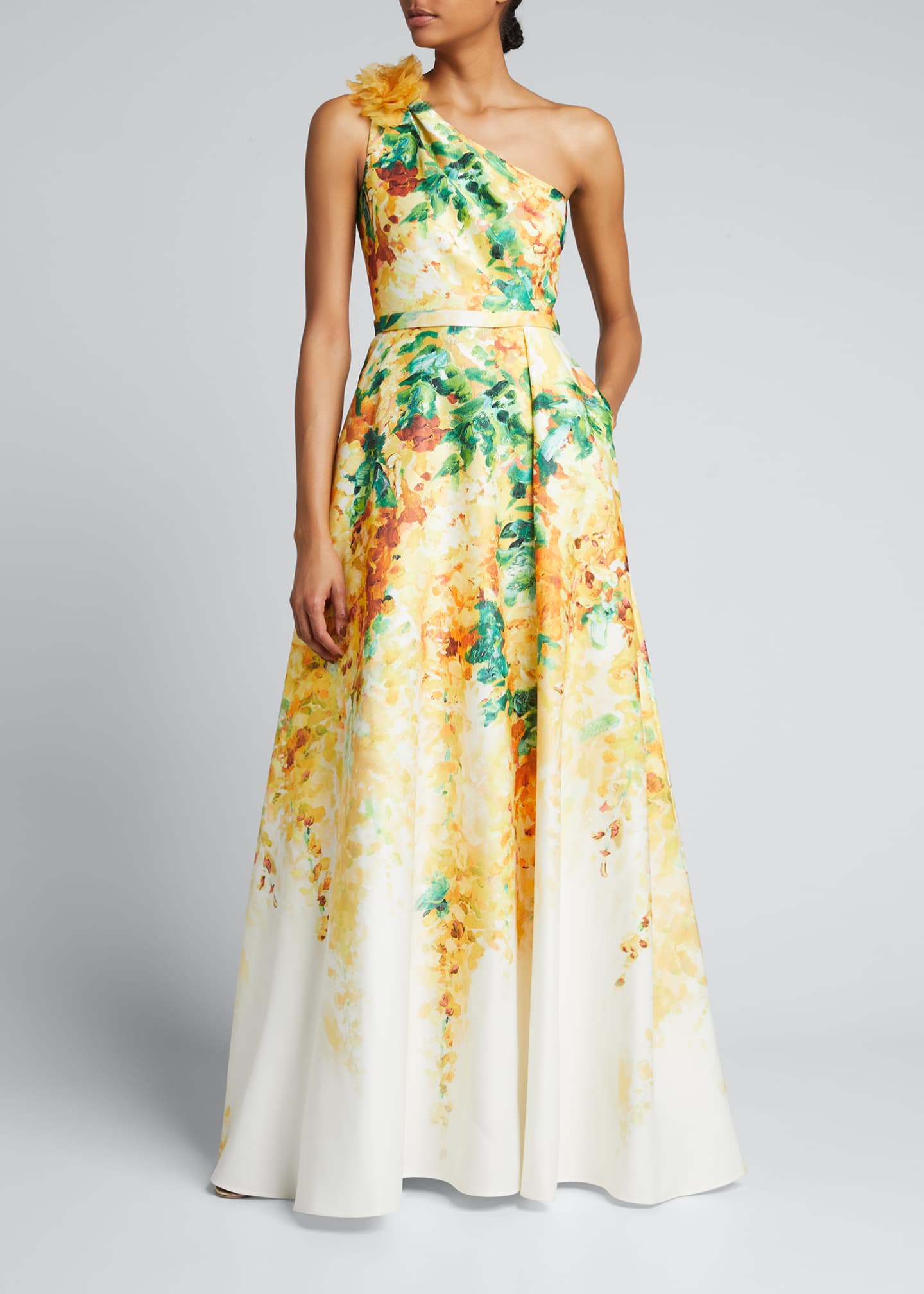Marchesa Notte One-Shoulder Duchess Satin Gown w/ 3D Flower - Bergdorf ...