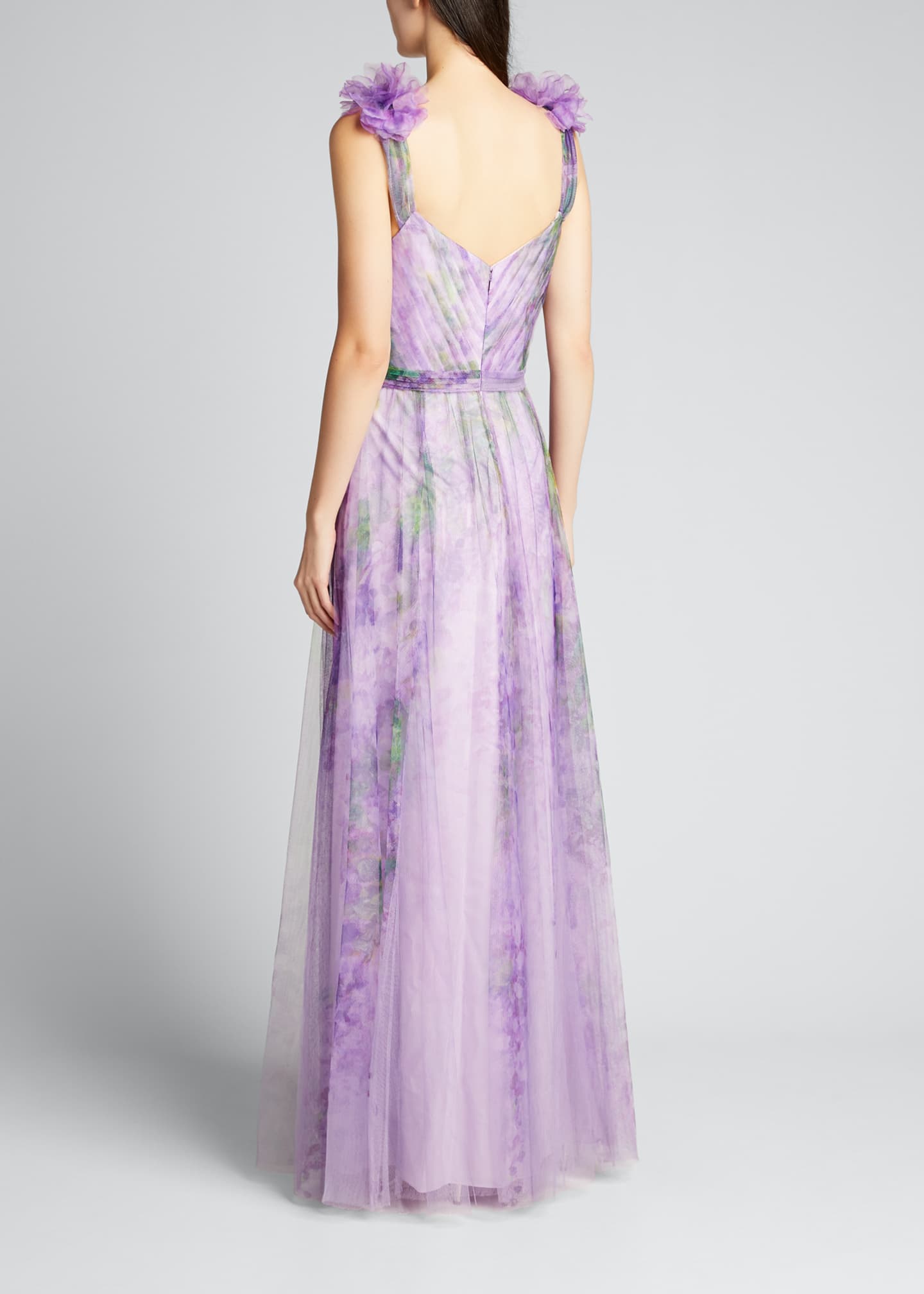 Marchesa Notte Watercolor Printed Tulle Gown with Draped Bodice ...