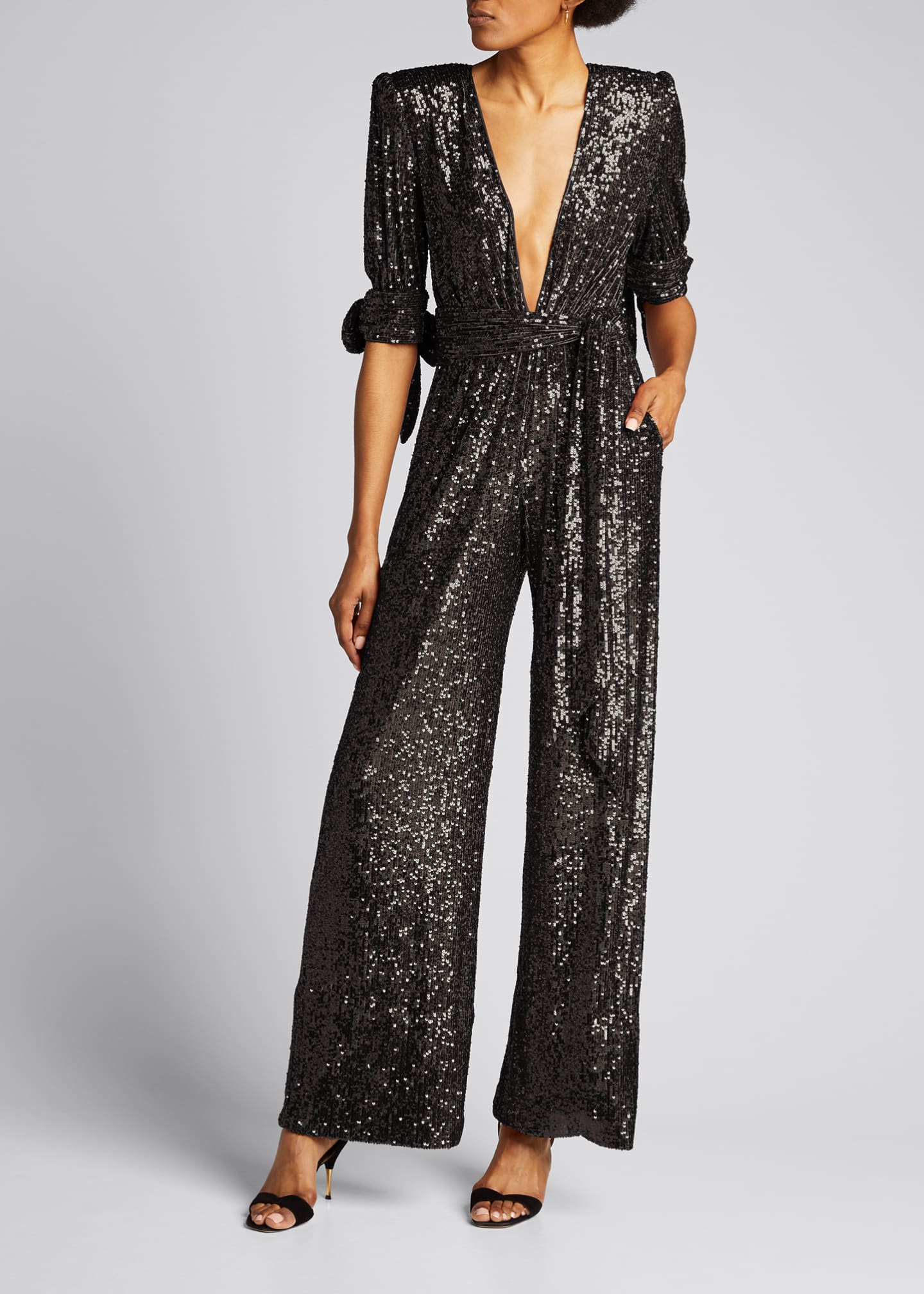 Naeem Khan Sequined TieSleeve DeepV Jumpsuit Bergdorf Goodman