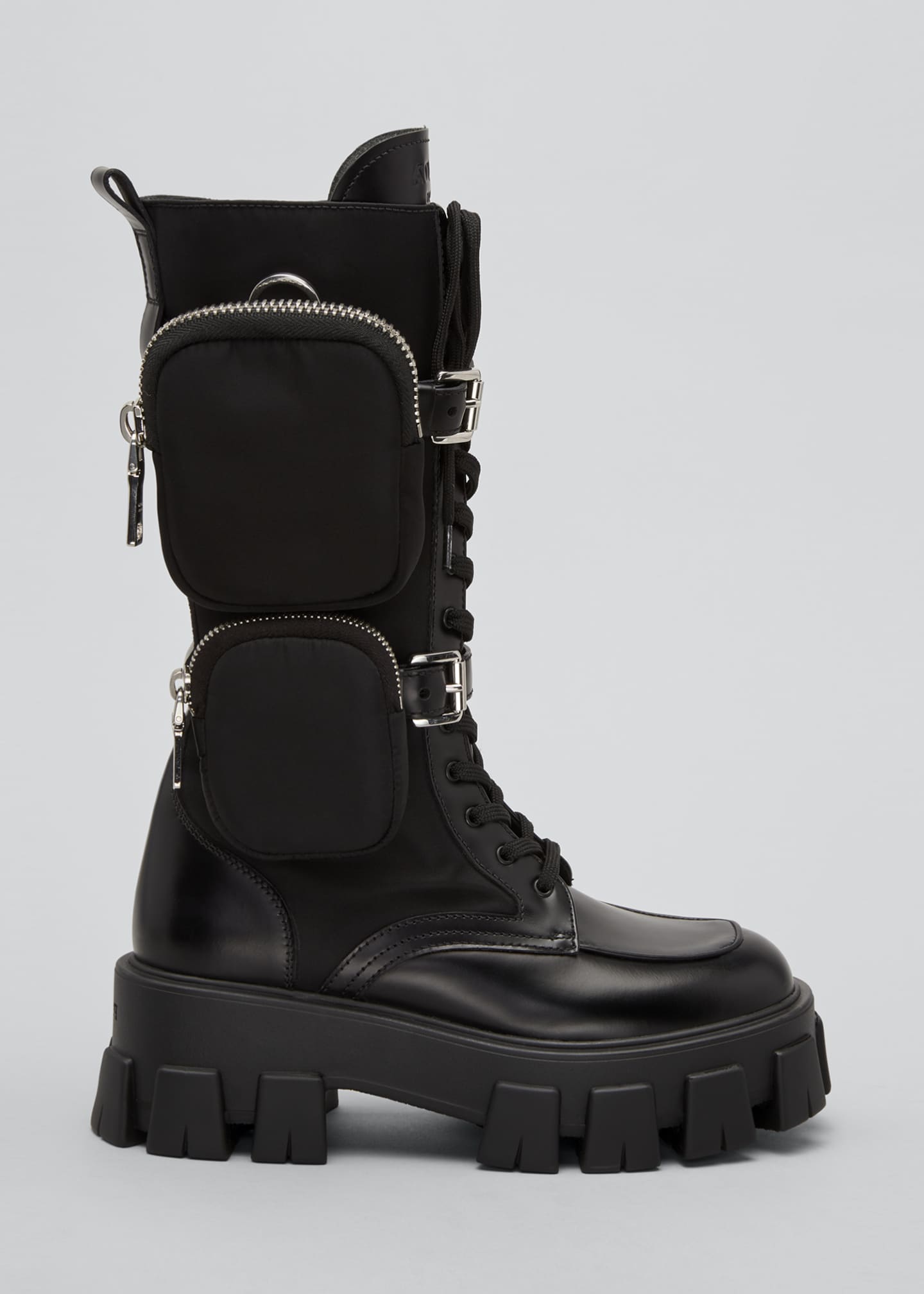 Prada Leather Zip-Pocket Tall Combat Boots - Bergdorf Goodman
