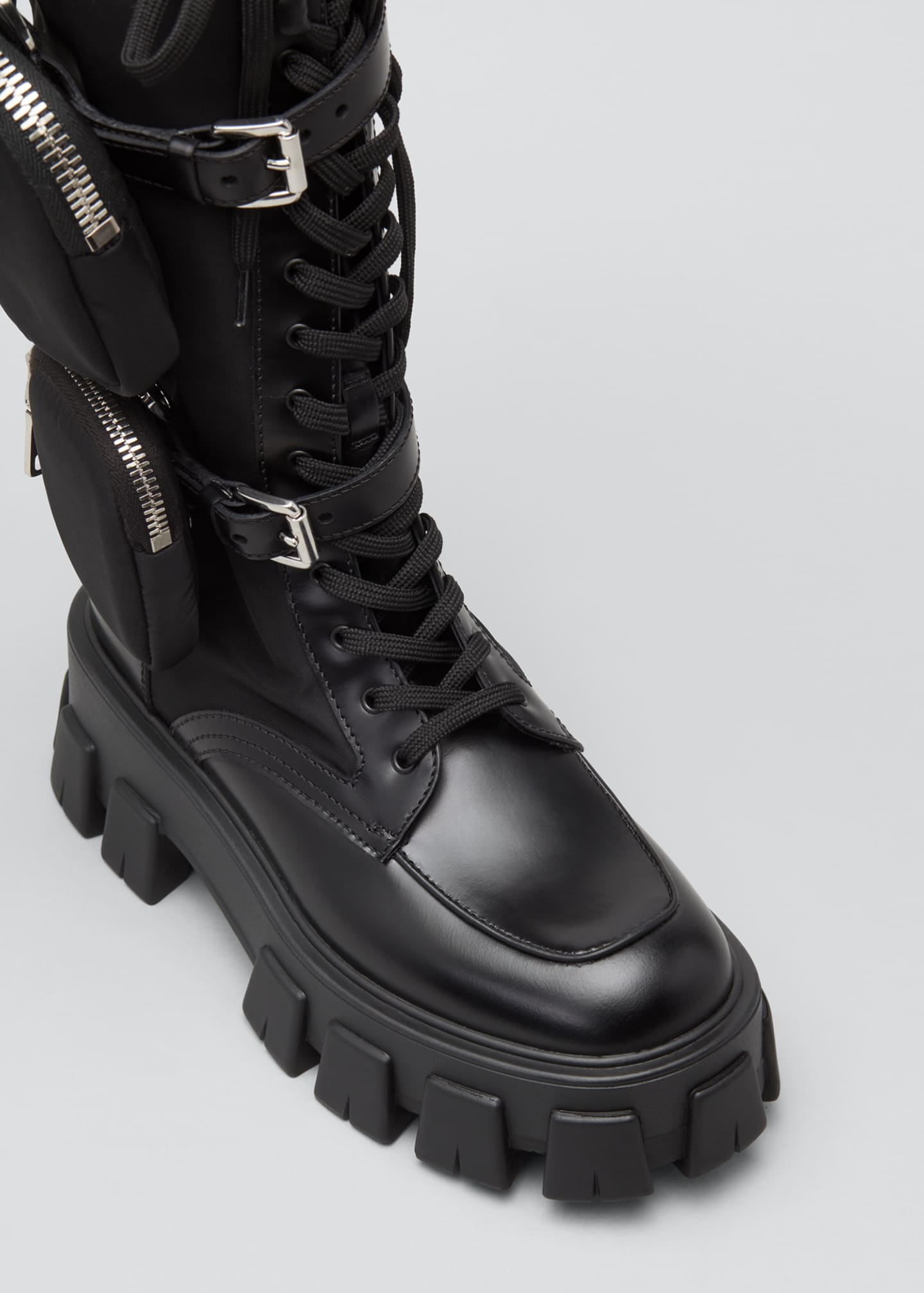 Prada Leather Zip-Pocket Tall Combat Boots - Bergdorf Goodman