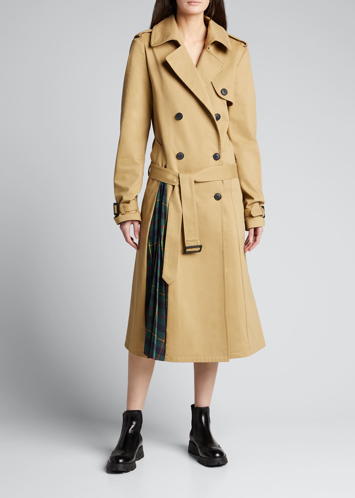 Monse Trench Coat with Pleated Plaid Back - Bergdorf Goodman
