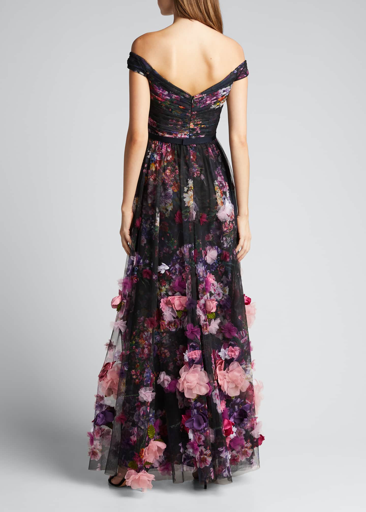 Marchesa Notte Off-the-Shoulder Printed Tulle Gown with 3D Flowers ...