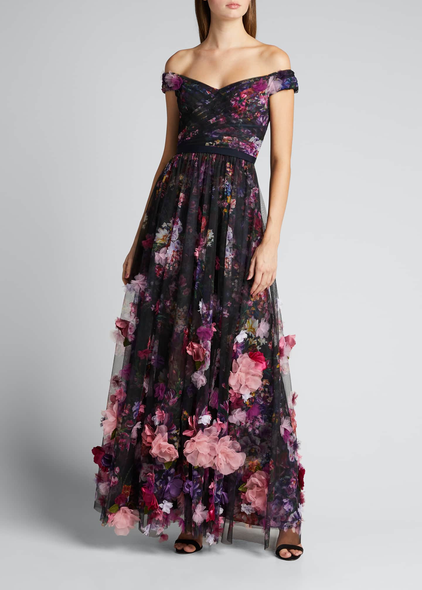 Marchesa Notte Off-the-Shoulder Printed Tulle Gown with 3D Flowers ...